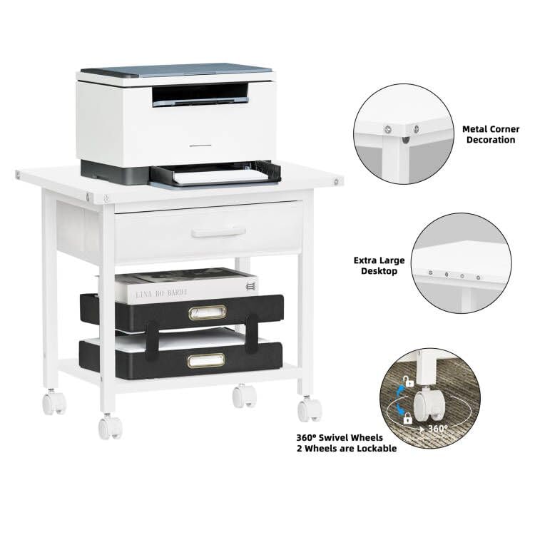 Lerliuo 2-Tier Under Desk Rolling Printer Stand with Storage Drawer & Shelf - Industrial Mobile Printer Cart with Lockable Wheels & Steel Frame - Compact Printer Holder for Home Office Workspace (White) - Perfect for Small Spaces & Organized Printing Solutions