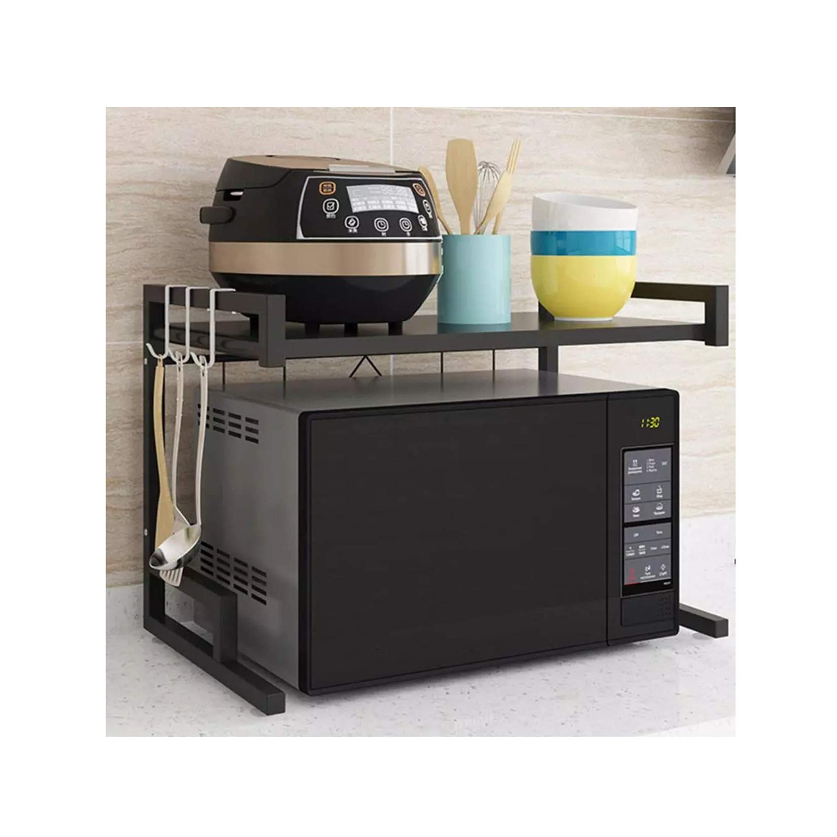 GMZS 2-Tier Microwave Oven Rack - Carbon Steel Kitchen Storage Organizer with 3 Hooks for Utensils, Towels & Spices - Space-Saving Shelf for Small Kitchens & Apartments - Black