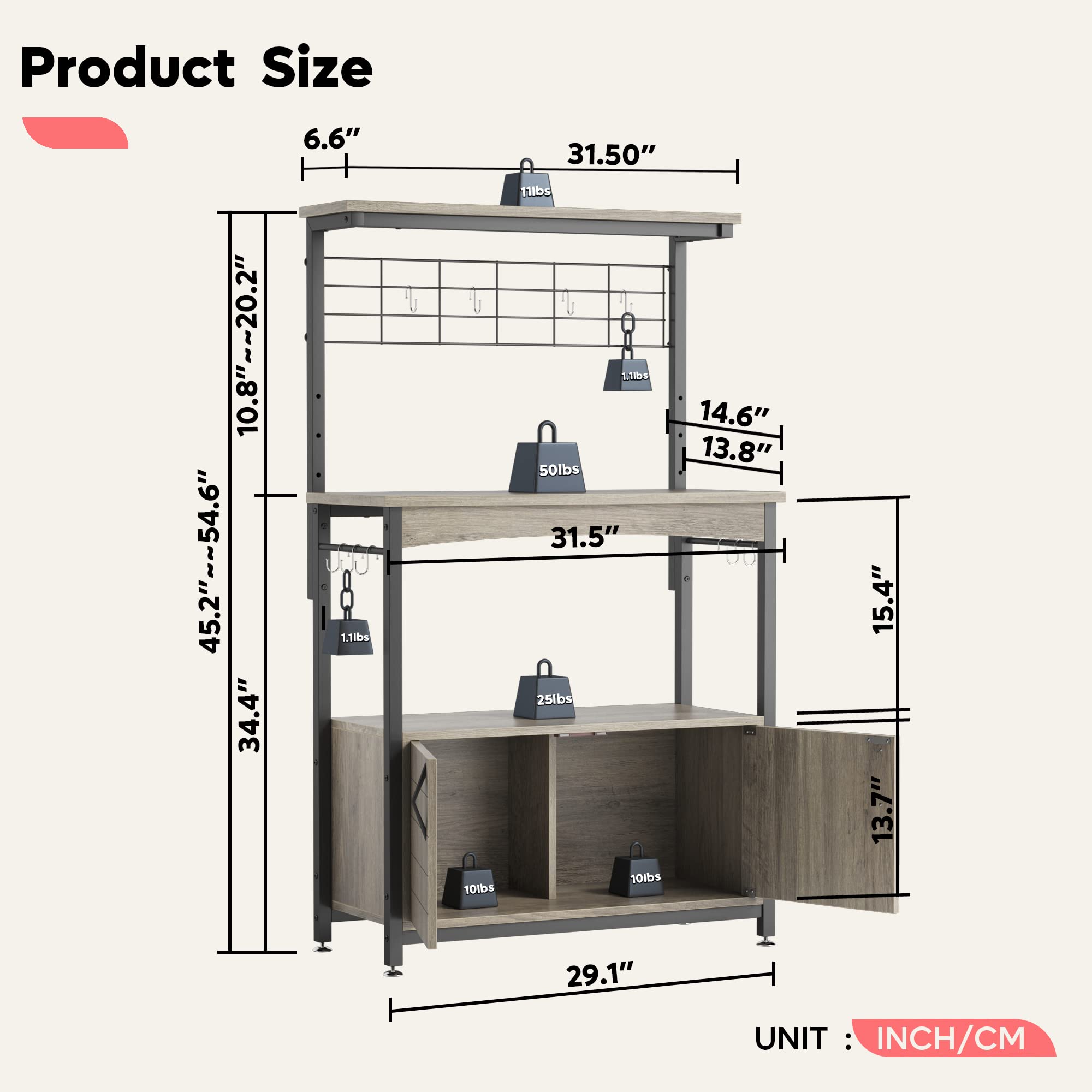 Bestier Adjustable Microwave Stand with Storage Cabinet - Industrial Rolling Kitchen Shelf with Wheels & Feet, 10 S-Hooks - Perfect for Small Kitchens, Coffee Bars & Baker's Racks (Grey Wash)
