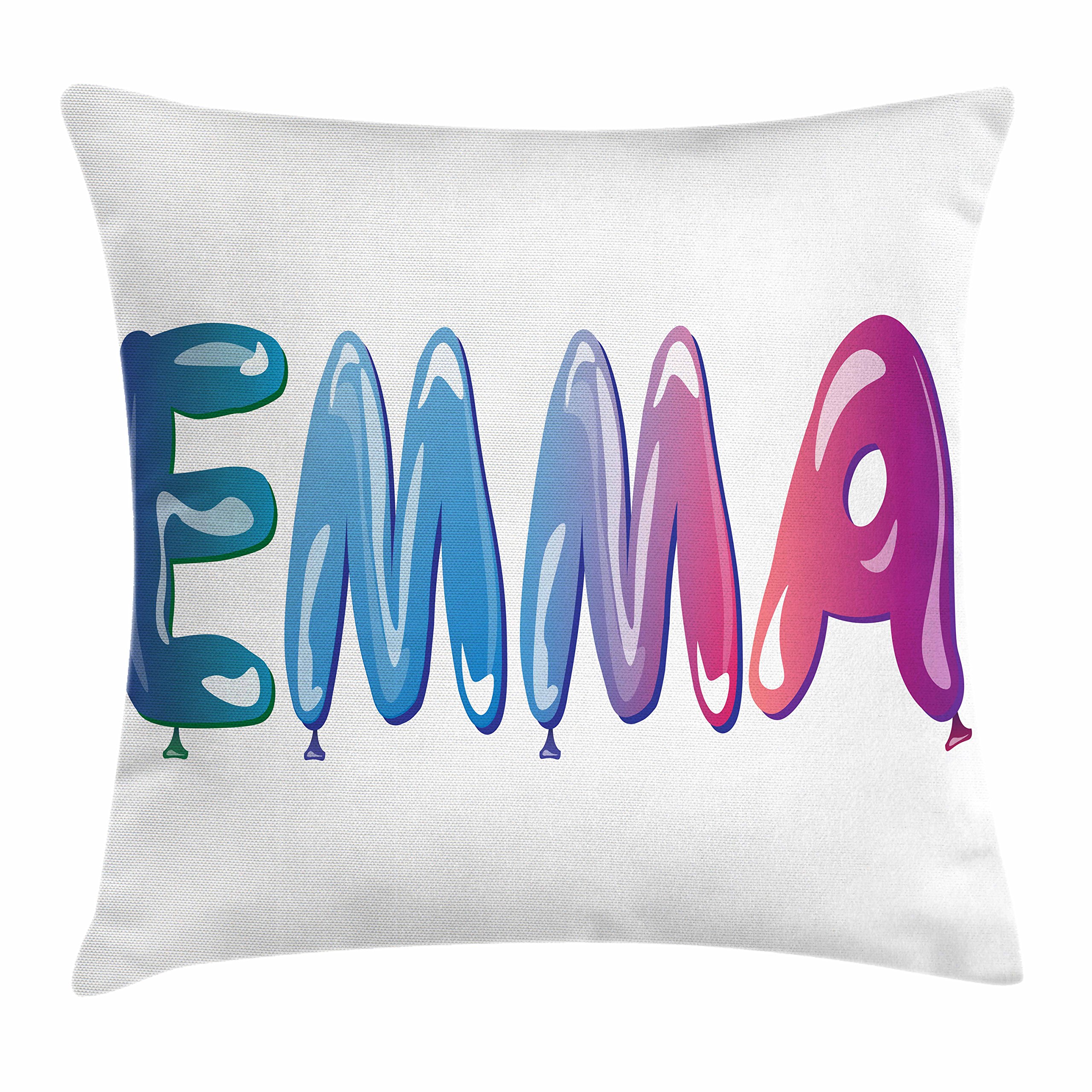 Ambesonne Emma Throw Pillow Cover 16x16 Inches - Elegant Feminine Girl Name Design with Ornate Balloons, Decorative Square Accent Cushion Case for Sofa, Bed, Living Room - Multicolor Home Decor Gift