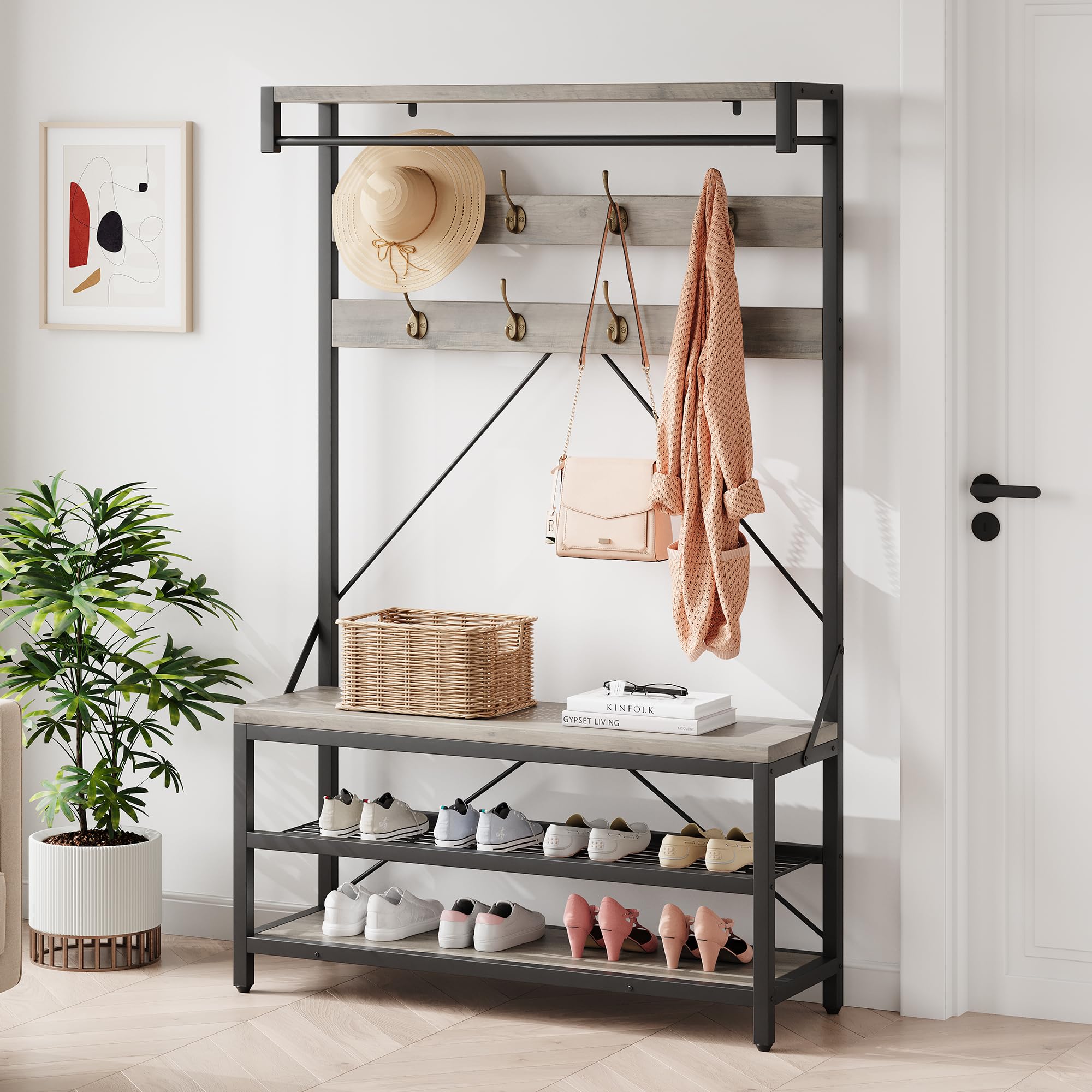 Industrial Coat Rack Shoe Bench with 8 Hooks & Storage Shelf - 39.9