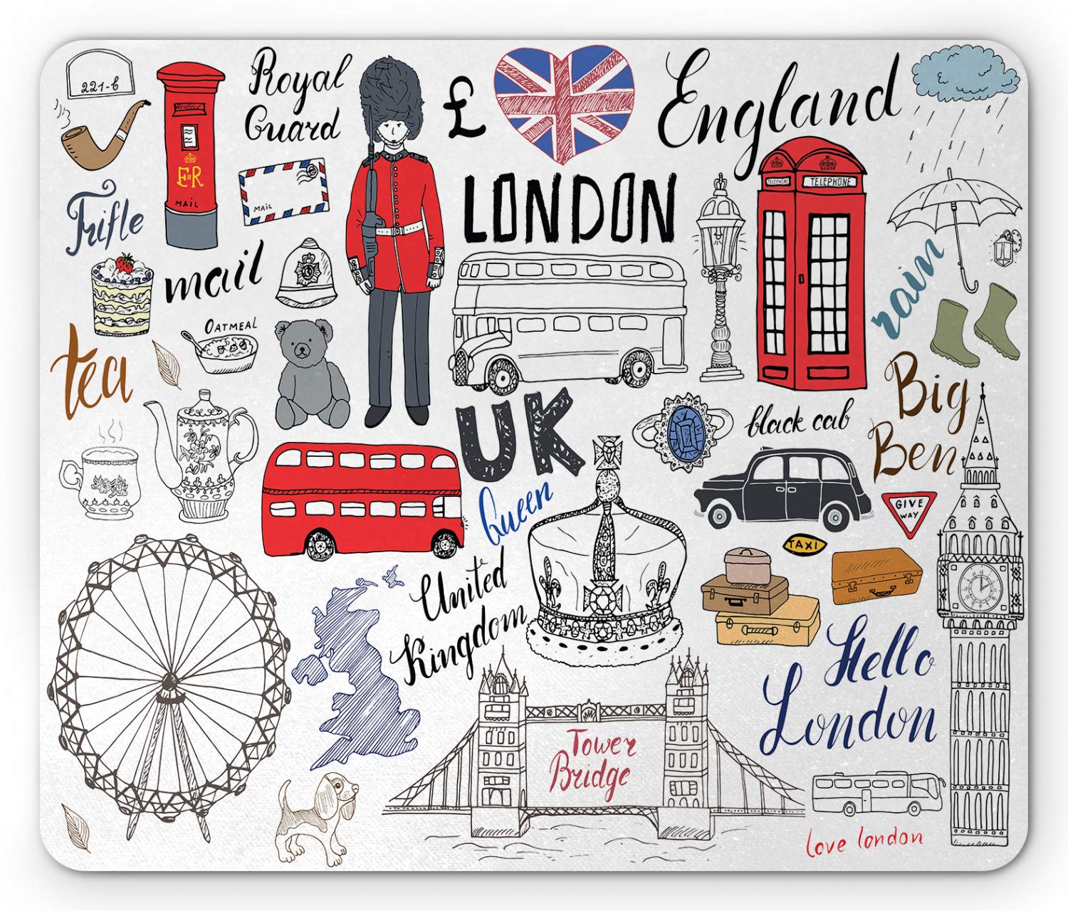 Ambesonne Hipster Mouse Pad - I Love London Design with Double Decker Bus, Telephone Booth, Big Ben & UK Crown | Non-Slip Rubber Base | Standard Size Rectangle Mousepad | Perfect for Office, Gaming & Home Workspace