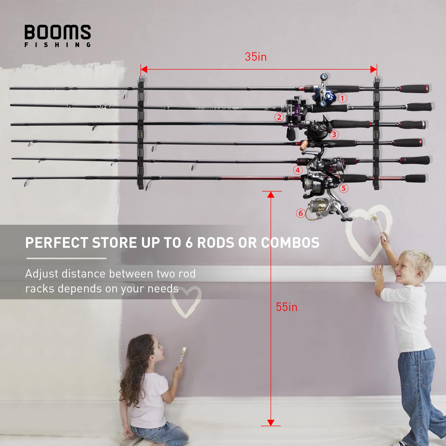 Booms Fishing WV5 Horizontal Fishing Rod Holder - Wall Mounted Garage & Kayak Storage Rack for 6 Rod and Reel Combos (14.6