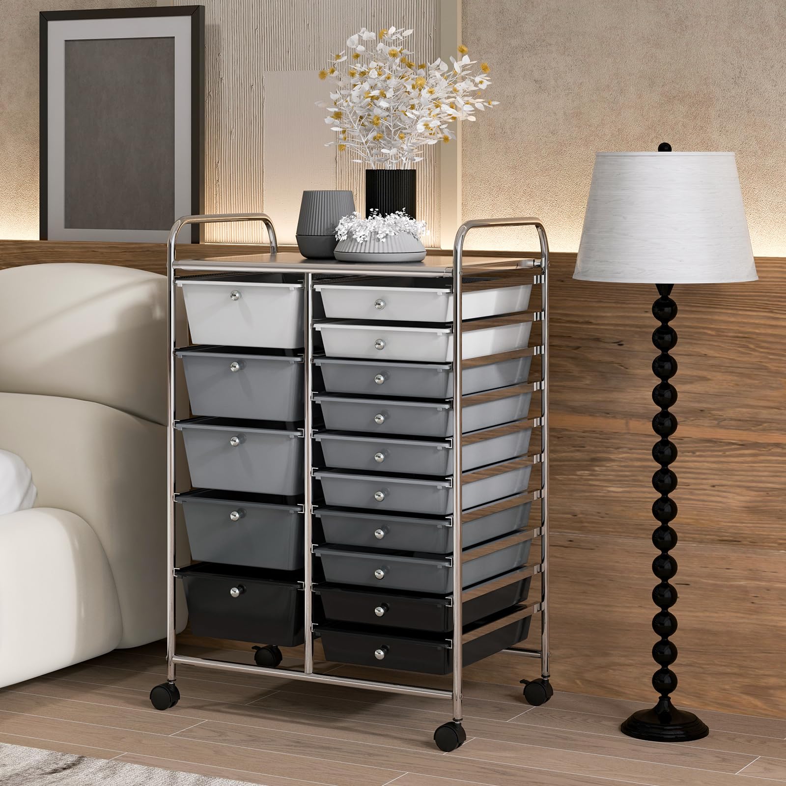 KOTEK 15-Drawer Rolling Storage Cart with 4 Wheels - Multipurpose Mobile Utility Organizer for Home, Office & School - Perfect for Tools, Scrapbook Paper & Craft Supplies (Grey & Black) - Ideal for Craft Rooms, Workshops & Classroom Organization