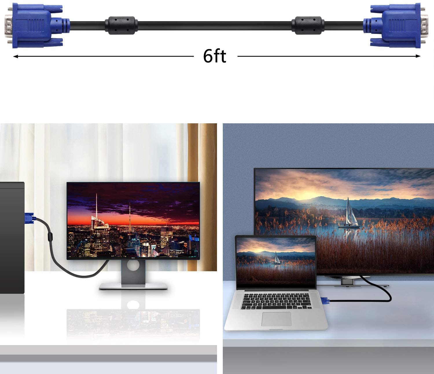 PASOW 6FT VGA to VGA Cable HD15 Male to Male - High Speed Monitor Cable for Computer, TV, Projector - Ideal for Home Office, Gaming Setup, and Conference Room Presentations