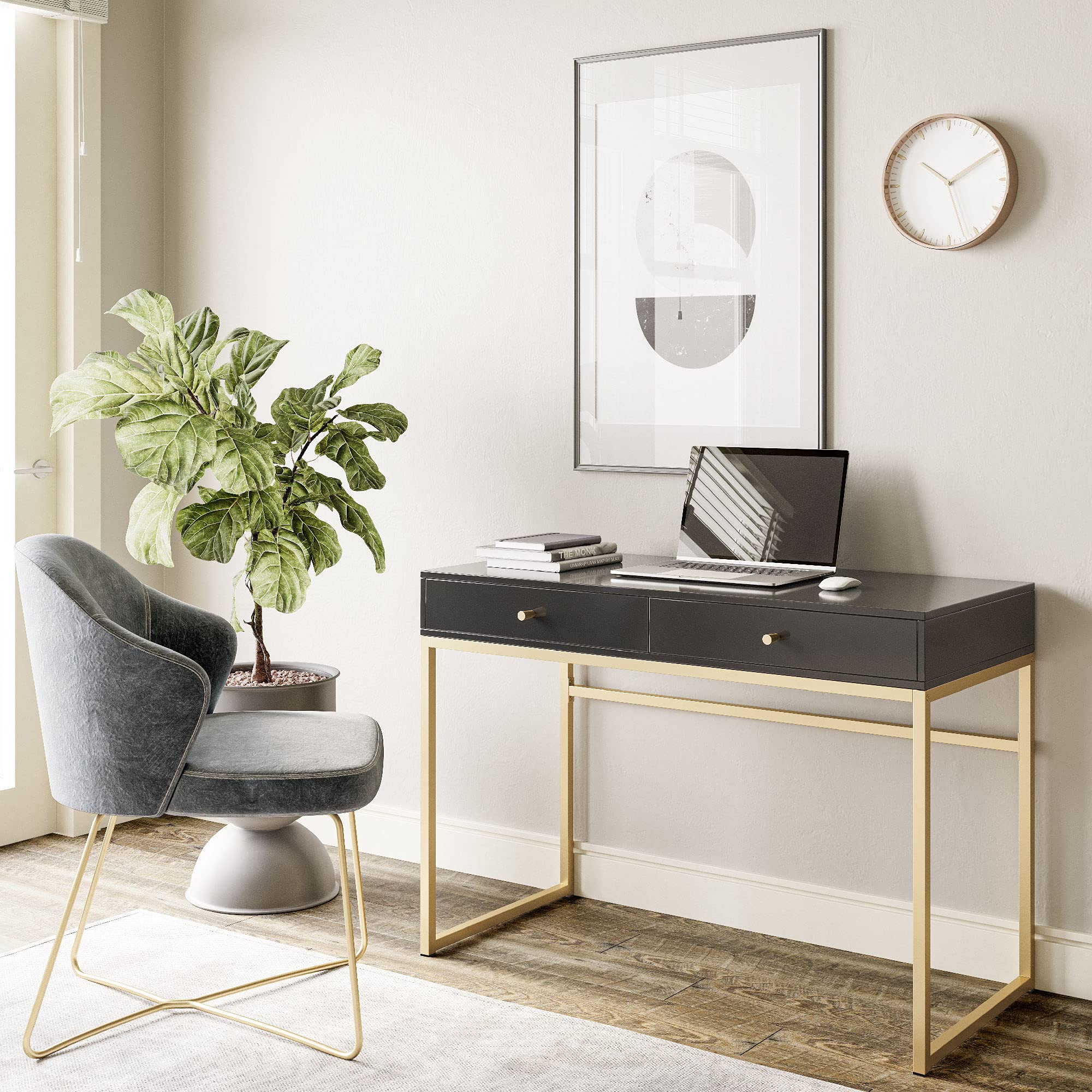BELLEZE Modern 42 Inch Makeup Vanity Dressing Table with Storage Drawers | Wood Top & Gold Metal Frame | Home Office Desk for Women | Bronte Black | Perfect for Bedroom, Dorm, or Beauty Studio