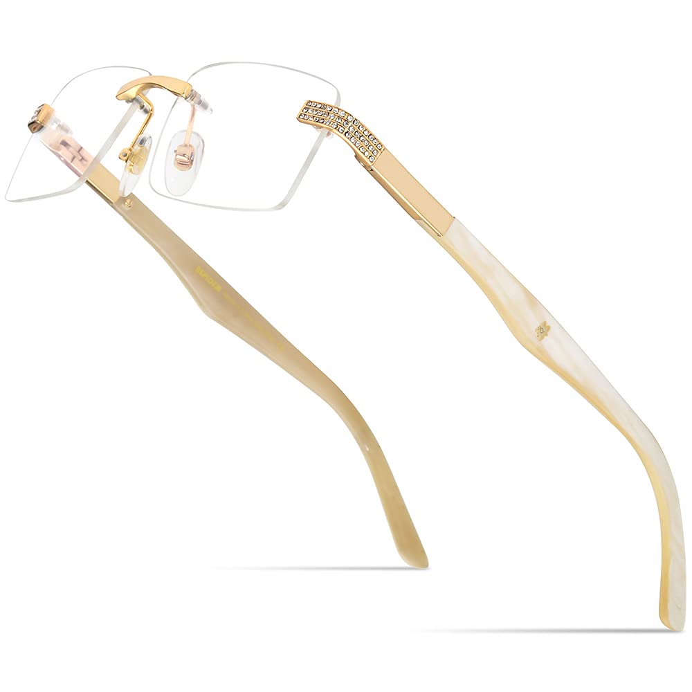 Hepidem 100% Genuine Buffalo Horn Square Rimless Luxury Eyeglasses with Zircon Diamonds - Premium Reading Glasses for Men & Women, Perfect for Office, Driving, and Fashion Accessories