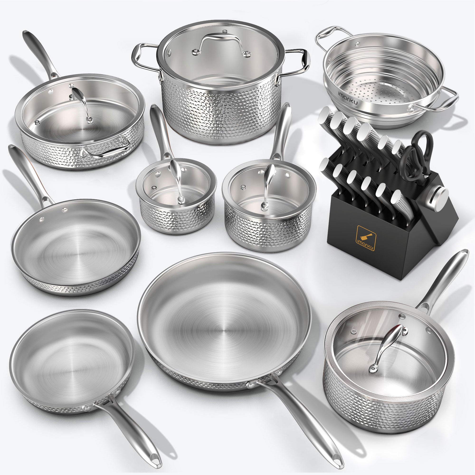 Premium Hammered Stainless Steel Cookware Set & Knife Set Bundle - Professional Kitchen Essentials for Home Chefs & Cooking Enthusiasts | Perfect for Daily Cooking, Entertaining & Gourmet Meal Preparation