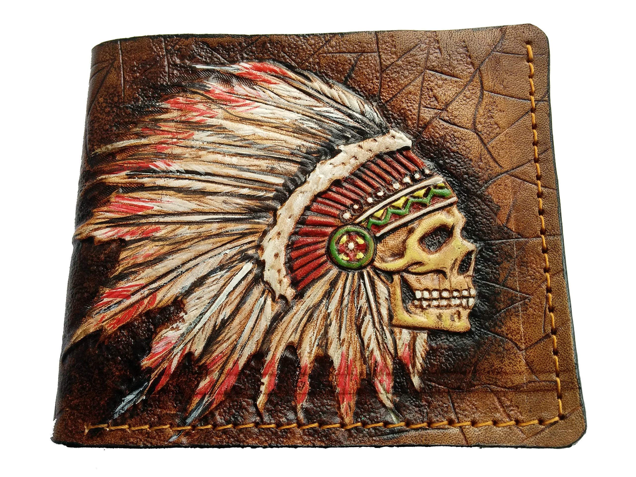 Patriotic Native American Indian Chief Skull RFID Bifold Wallet for Men - Genuine Leather Biker Wallet with Tribal Apache Skull & Feather Headdress Design - Handmade Embossed Leather Purse with Airbrush Art - Perfect for Motorcycle Riders, Gift Giving & Everyday Use