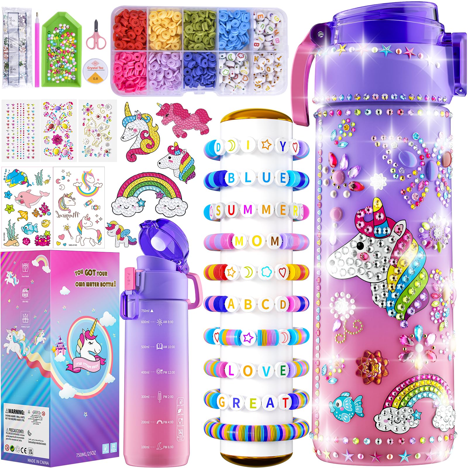 **DIY Unicorn Water Bottle & Friendship Bracelet Craft Kit for Girls Ages 4-12 – Creative Diamond Painting Art Toys, Fun Birthday Gifts for Kids – Perfect for Parties, Playdates & Creative Play**