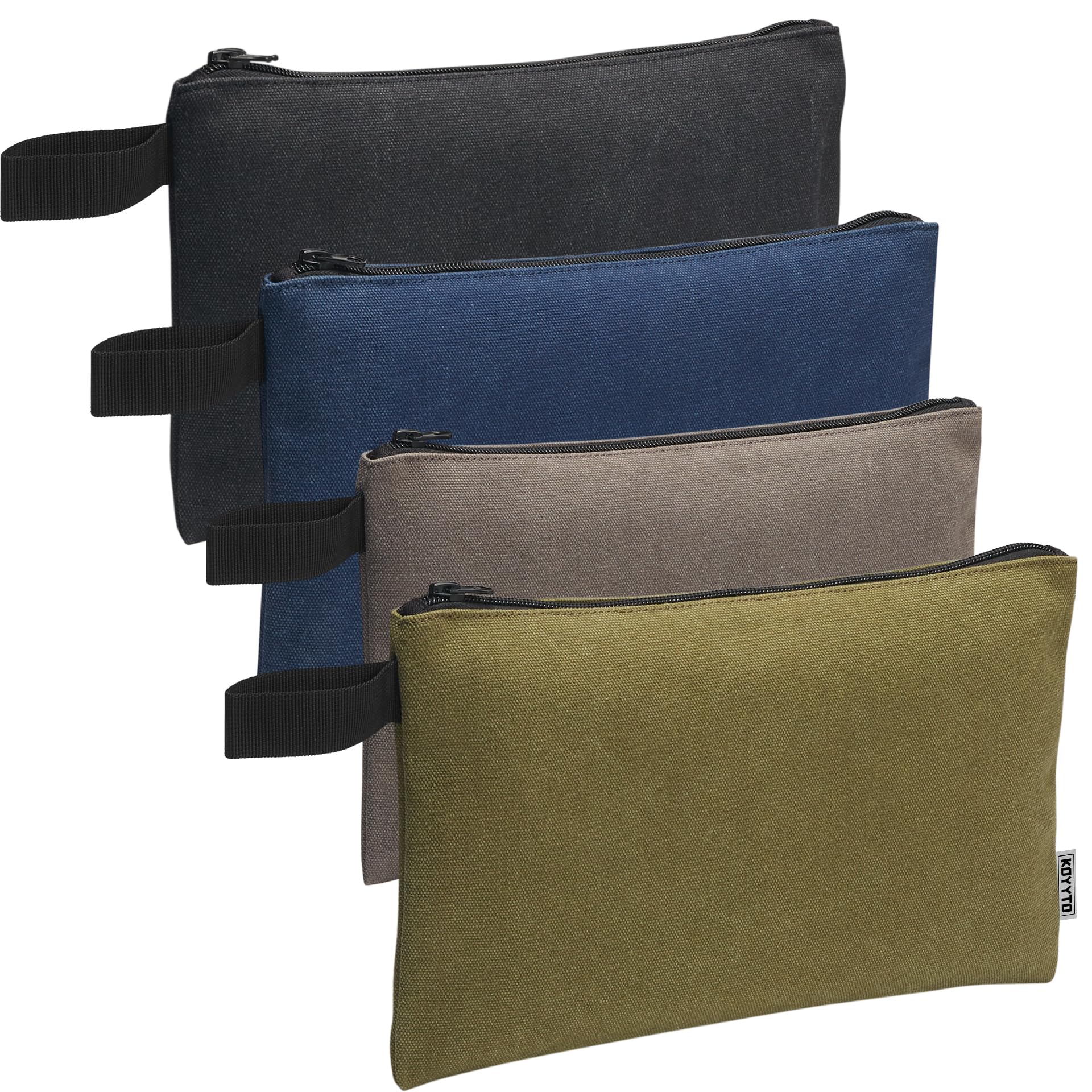 KOYYTO 4 Pack Heavy Duty Canvas Tool Pouch with Zipper - 16 oz Small Tool Bag Organizer for Tools, Office Supplies, Cosmetics & Stationery | Durable Multi-Purpose Utility Bag for DIY, Home Repair, Travel & Craft Storage