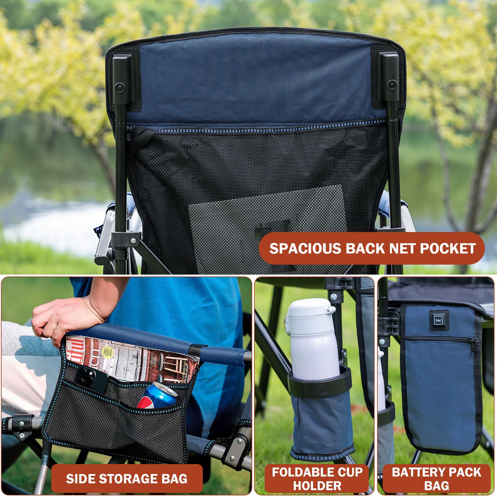 **Portable Heated Camping Chair - 400lb Heavy Duty Folding Outdoor Seat with Cup Holder & Carry Bag - Perfect for Winter Camping, Hunting, Fishing & Backyard Relaxation (Navy, Battery Pack Required)**