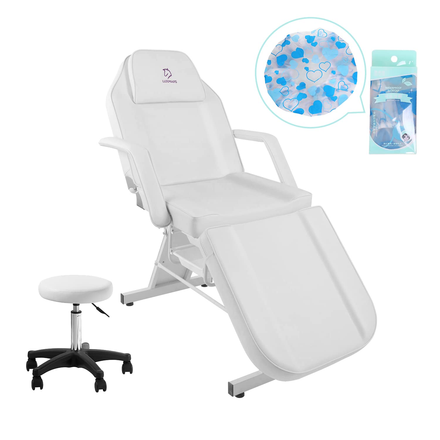 Professional Hydraulic Facial Massage Chair with Adjustable Stool - Tattoo, Lash & Beauty Spa Bed for Salon & Home Use - White