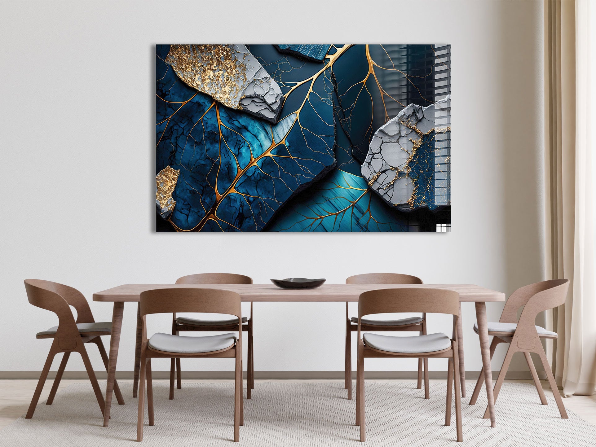 Golden Veined Blue Abstract II Wall Art - Modern Canvas Painting for Living Room, Bedroom & Office Decor