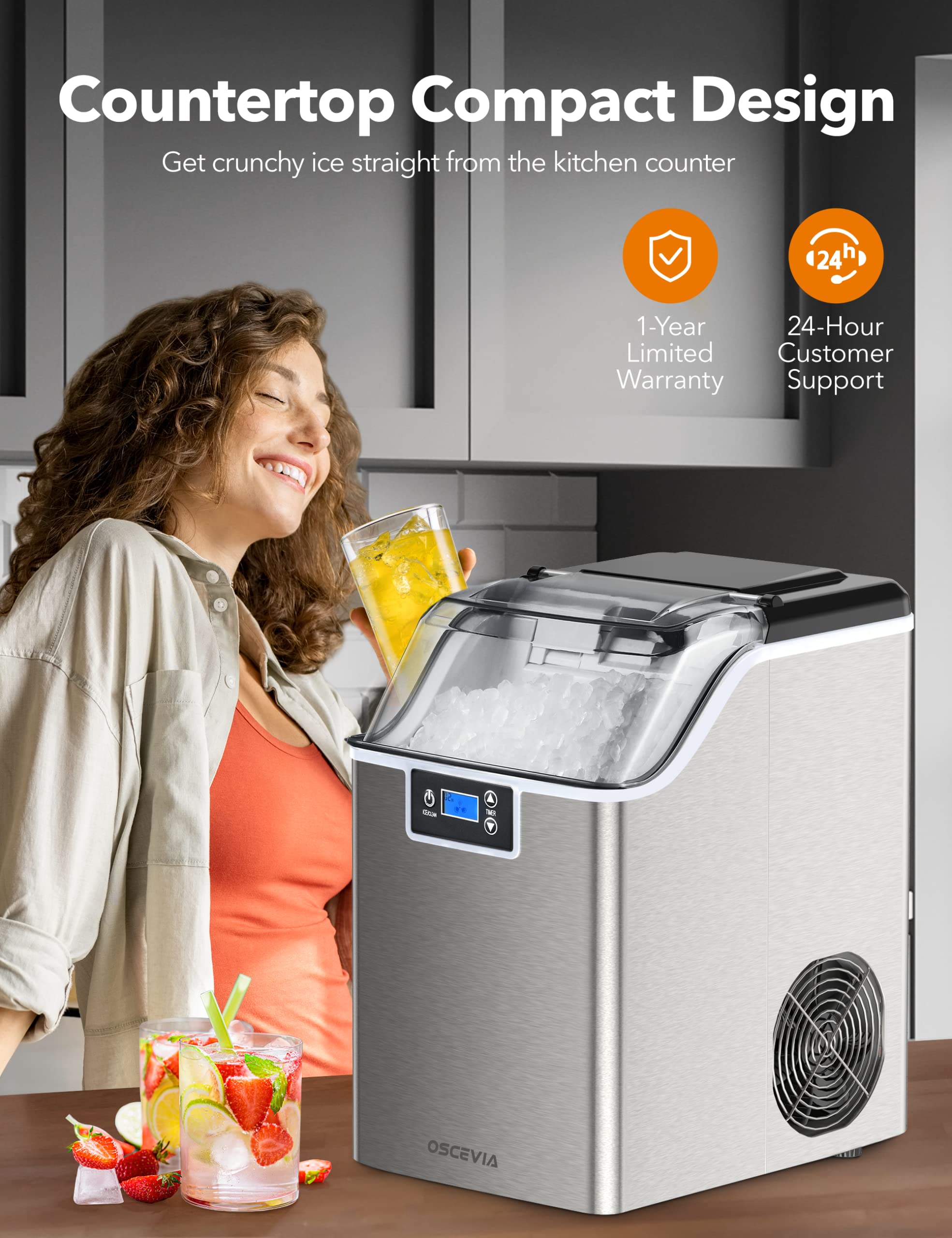 Countertop Nugget Ice Maker 44lbs - Fast 15-Minute Pebble Ice Machine with Self-Cleaning, 4lbs Ice Basket & 2.2L Water Tank - Perfect for Home, Office, Bar Parties & Cocktail Making