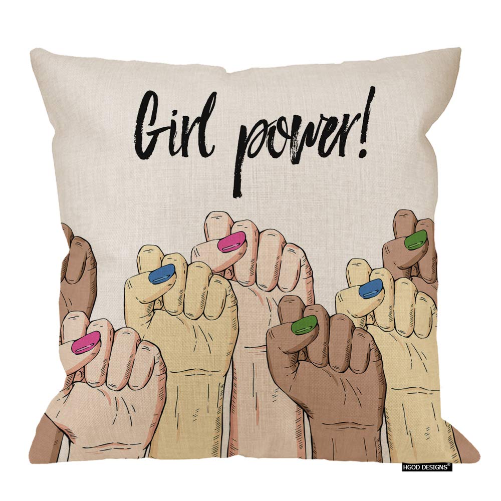 Girl Power Throw Pillow Cover - Feminist Fist Raised Hand Design with Inspirational Slogan - 16x16 Inch Cotton Linen Blend Decorative Cushion for Sofa, Couch, Bed & Office - Perfect for Women's Empowerment Decor, Living Room & Bedroom Accent