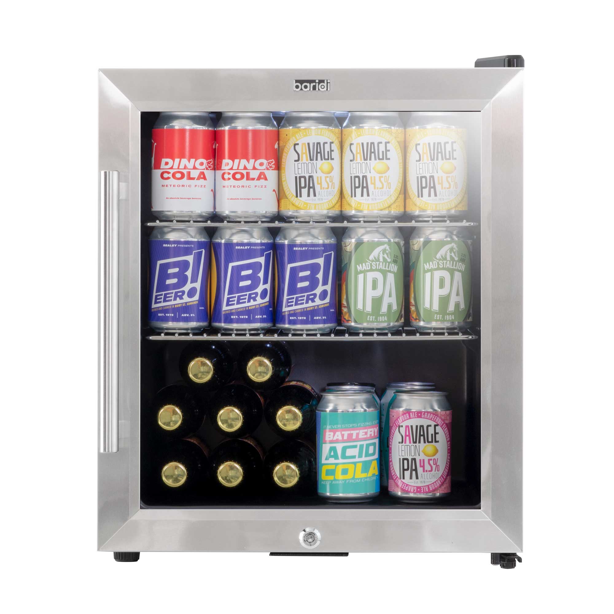 Baridi 50L Mini Fridge for Drinks & Wine - Portable Cooler with LED Light, Stainless Steel Design - Perfect for Home, Office, Dorm, and Outdoor Parties