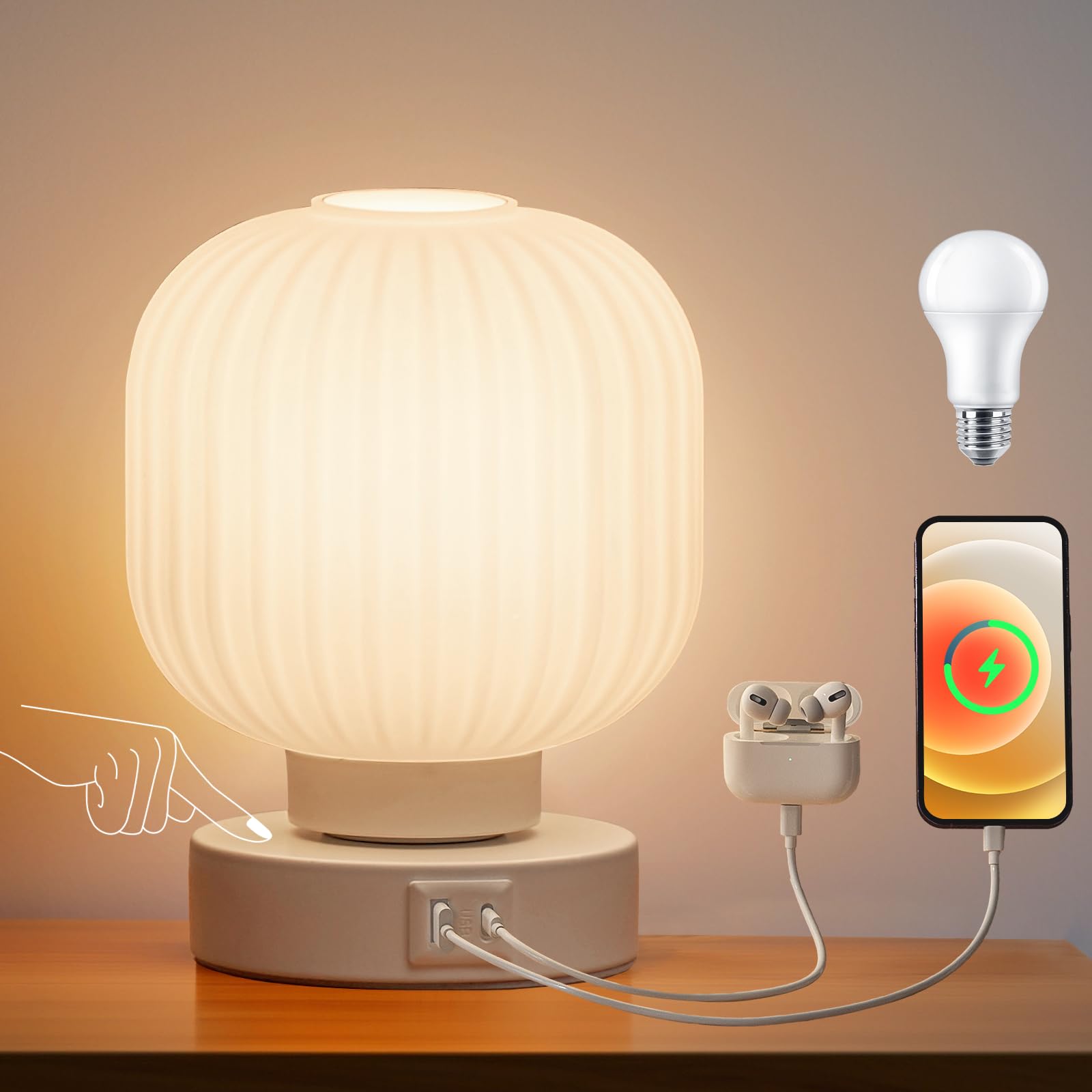 Touch Bedside Table Lamp - 3-Way Dimmable Nightstand Lamp with USB-C & USB-A Charging Ports, 6W LED Bulb Included - Perfect for Bedroom, Living Room & Office Lighting