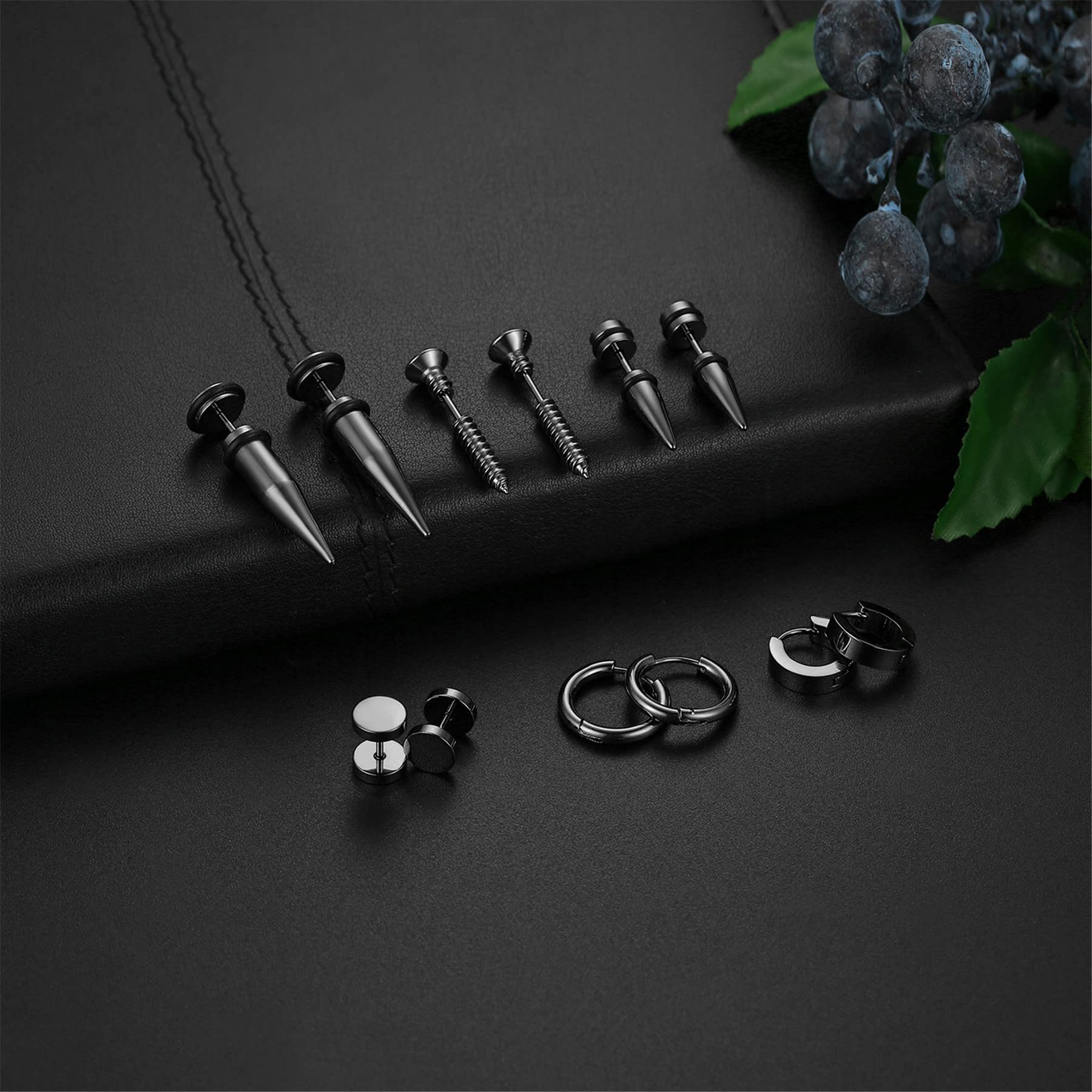 **Aroncent 6 Pairs Stainless Steel Small Hoop Earrings for Men & Women - Fake Gauges & Spike Earrings Set - Perfect for Casual Wear, Parties & Gifts**