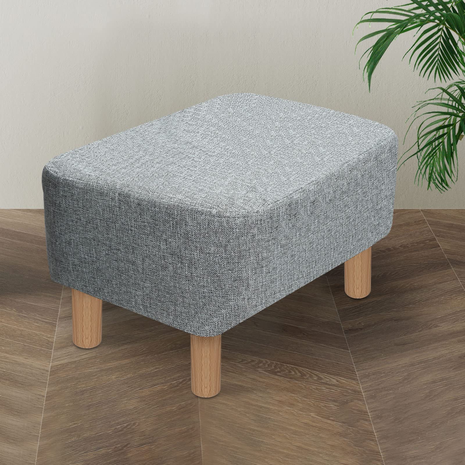 Comfortable Rectangle Foot Stool Ottoman with Padded Seat & Pine Wood Legs - Under Desk Footrest, Step Stool for Living Room, Bedroom, Office - Modern Grey Linen Furniture (Perfect for Relaxing, Reading & Home Decor)