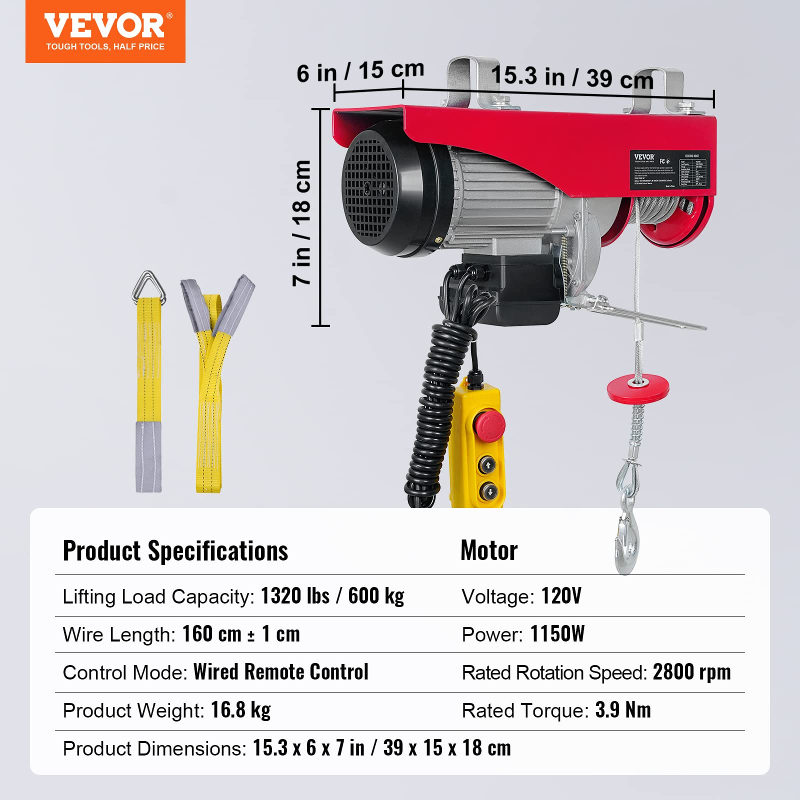 VEVOR 1320LBS Electric Hoist Winch with Remote Control - 110V Heavy Duty Lifting Equipment with 14ft Wired Remote - Perfect for Factory, Warehouse, Construction Site & Attic Use