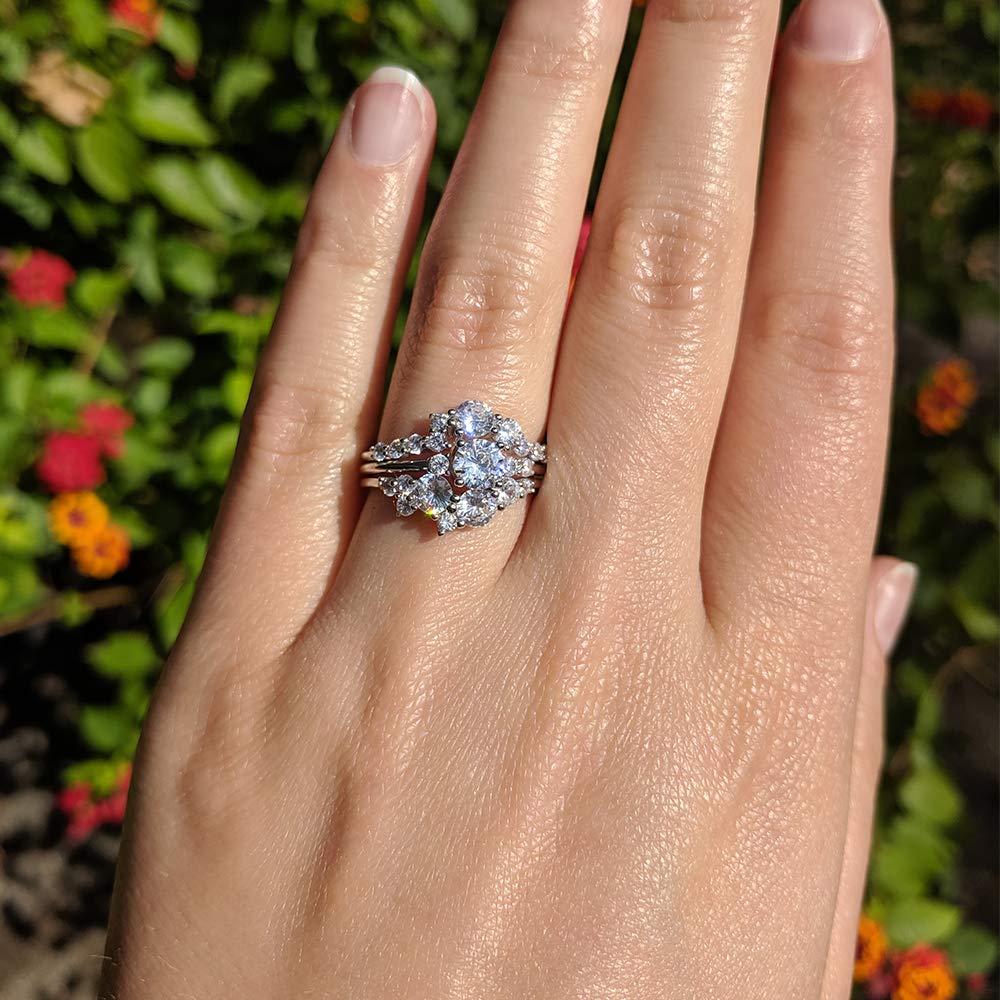TwoBirch Floral Design Off-Center Ring Guard & Engagement Ring Bridal Set (2 Rings) - Diamond Simulant White Gold Wedding Band for Women - Perfect for Proposals, Anniversaries & Bridal Jewelry