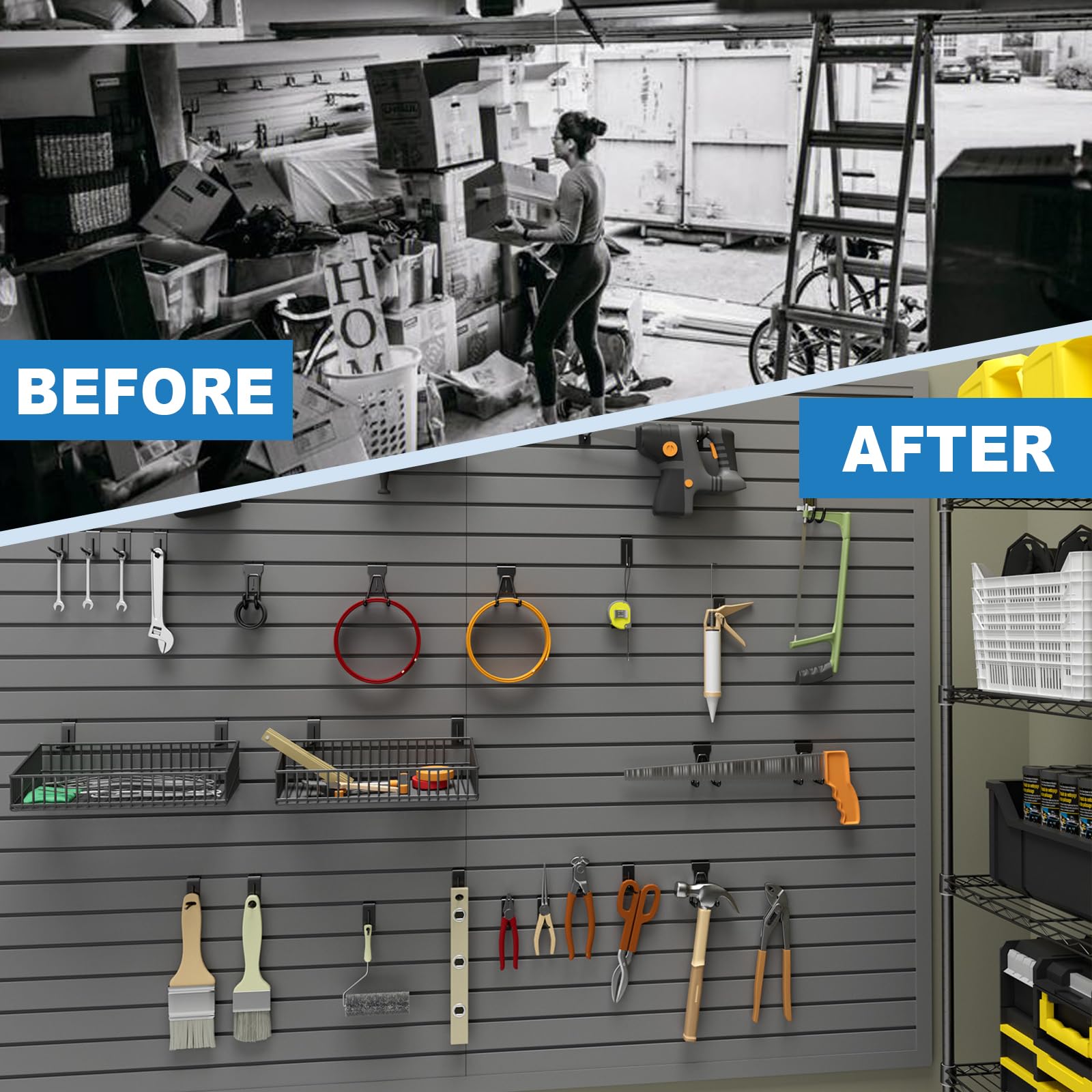 Duzzy 4' x 4' PVC Slatwall Panels - Garage Wall Storage Organizer System with Hooks & Hangers (Grey) - Perfect for Garage Organization, Retail Displays & Workshop Storage Solutions