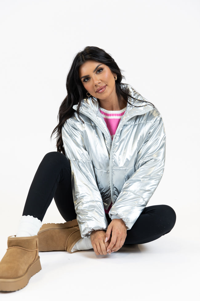Keep Me Warm Silver Chrome Puffer Jacket - Winter Coat for Women & Men | Lightweight Insulated Outerwear for Cold Weather | Perfect for Skiing, Snowboarding & Outdoor Activities