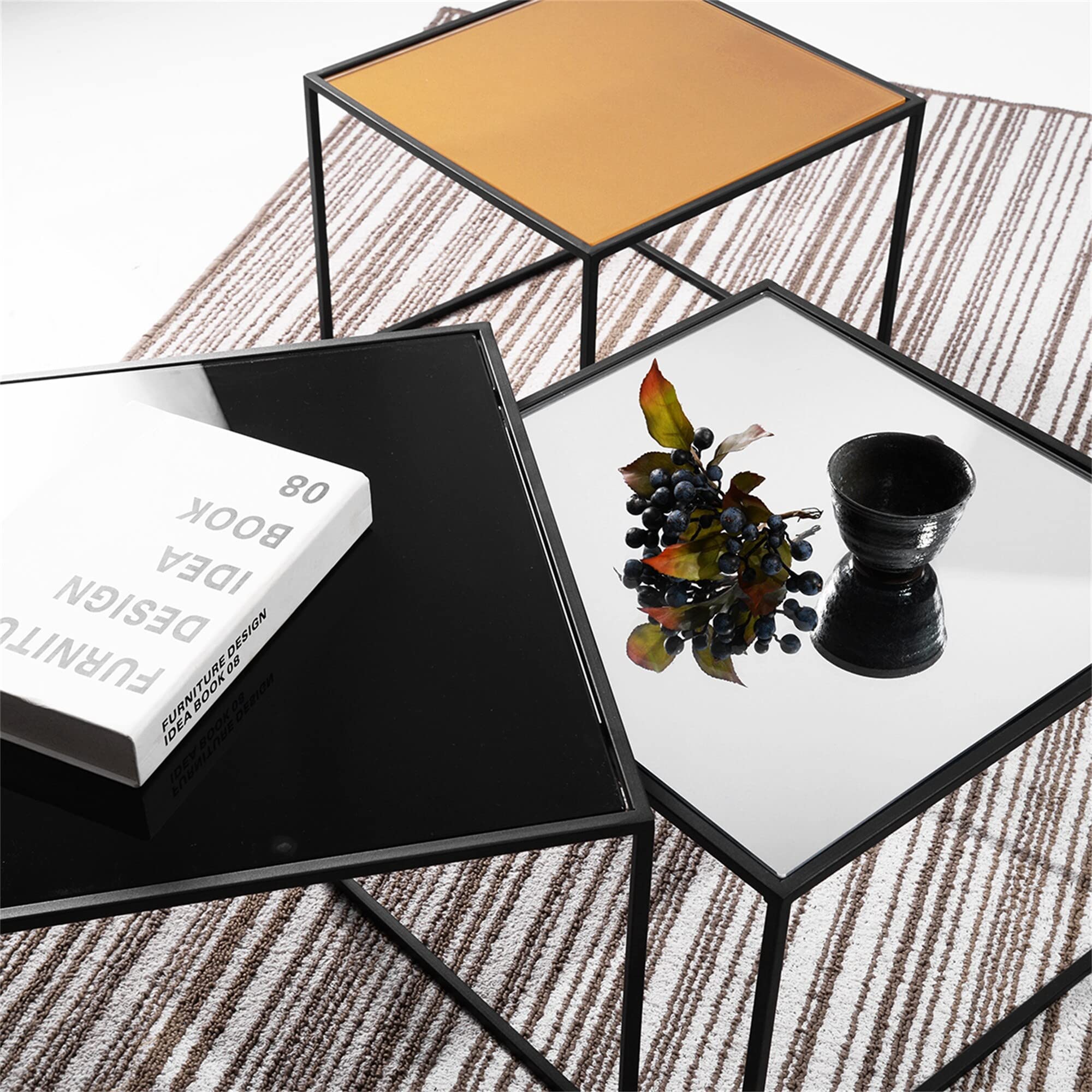 3-Piece Black Modern Nesting Coffee Table Set with Glass Mirror Top - Contemporary Square Design for Living Room, Bedroom & Office Decor