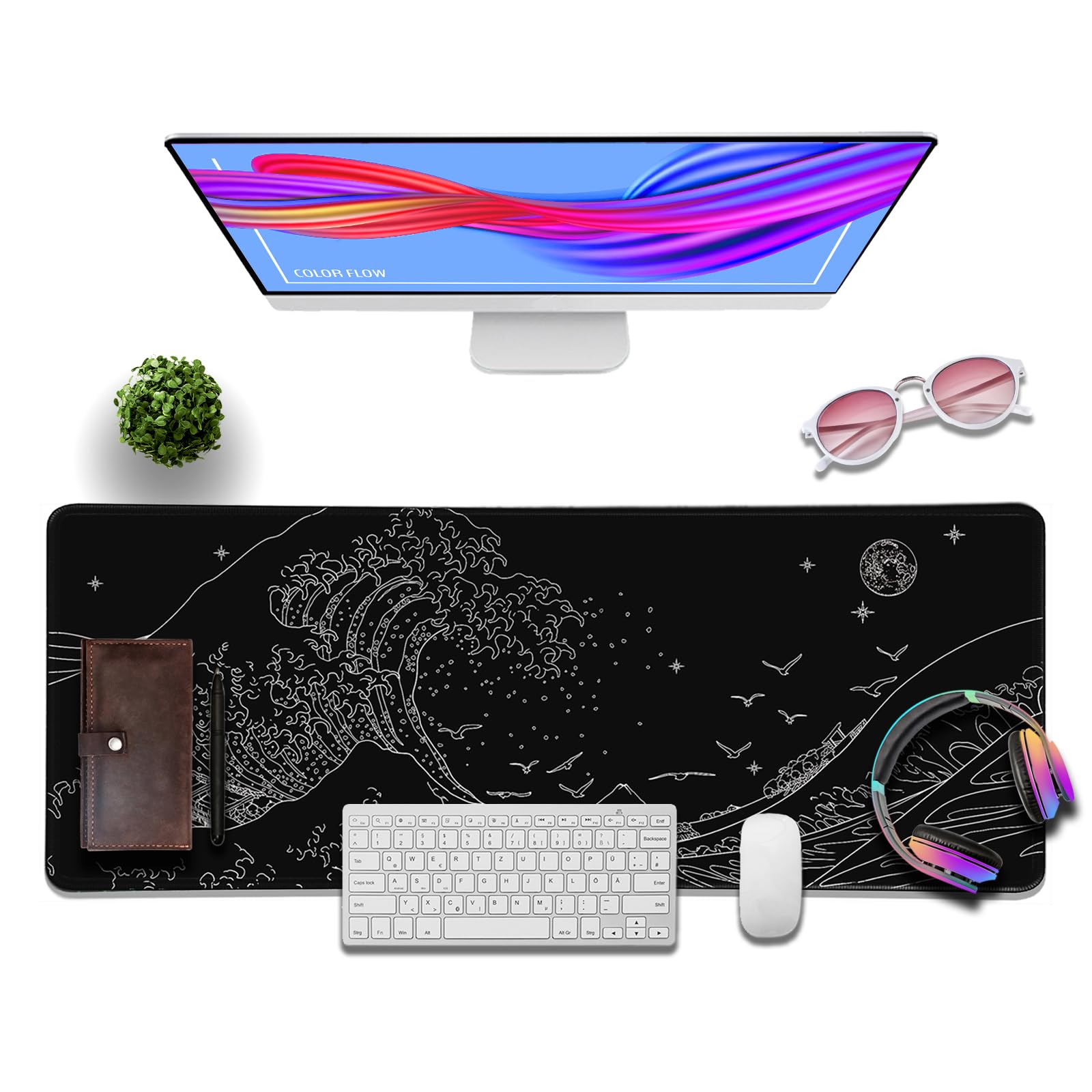 MEWOOCUE® Extra Large Gaming Mouse Pad - 31.5 x 11.9 Inch Black Japanese Wave Design, Non-Slip Waterproof Keyboard & Mouse Mat for PC, Laptop, Office & Home Use - Perfect for Gamers & Anime Fans
