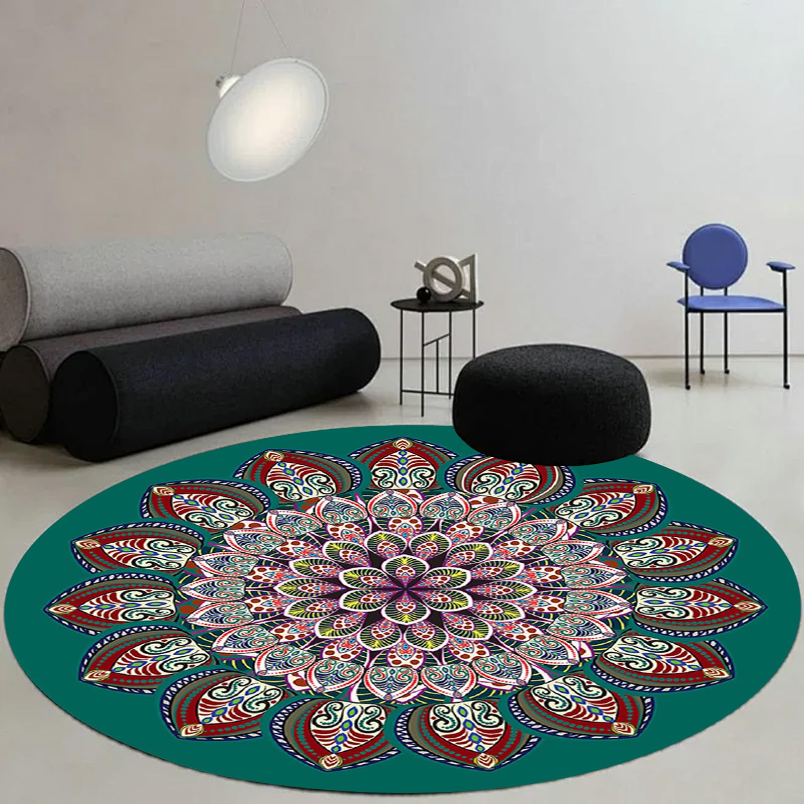 Large 5ft Round Boho Rug Pad - Non-Slip Washable Area Rug with Mandala Print for Living Room & Bedroom | Home Decor Floor Mat for Yoga, Meditation & Bohemian Style Spaces