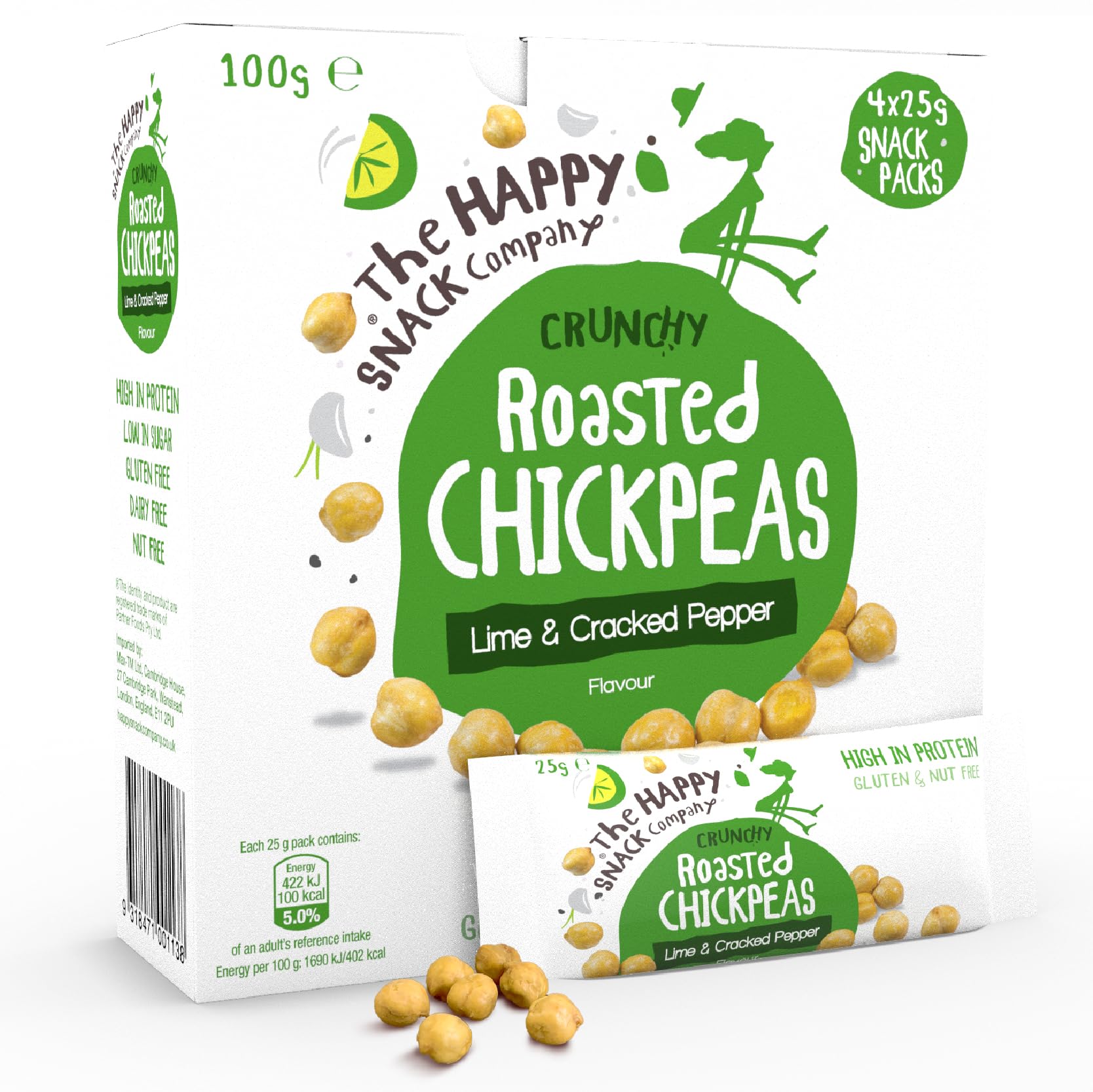 The Happy Snack Company Roasted Chickpeas, Lime & Cracked Pepper Flavor – Healthy High-Protein Snacks, Gluten-Free, Vegan, 100 Calories per 25g Serving (Pack of 20) – Perfect for On-the-Go, Office Snacking & Post-Workout Fuel
