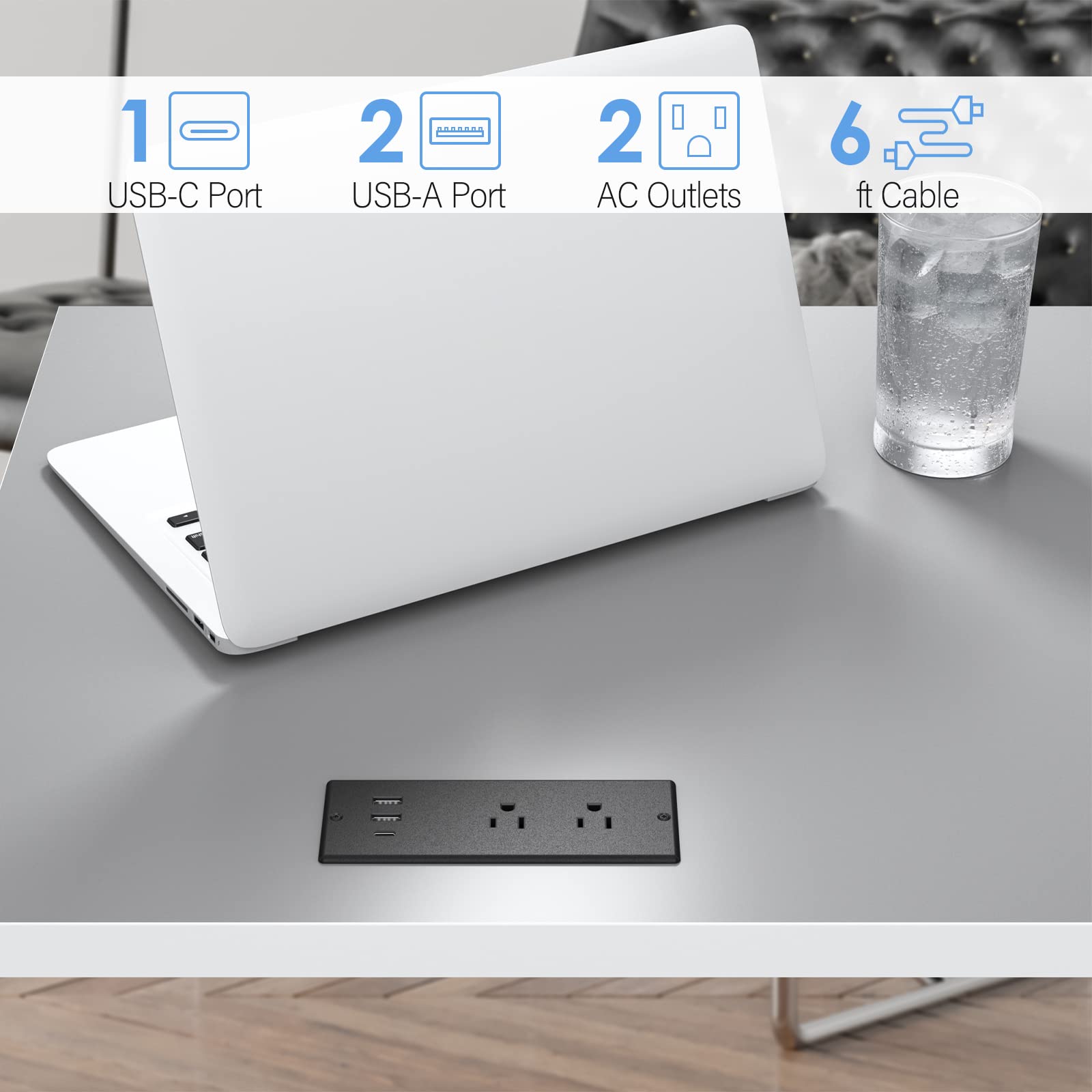 Recessed Power Strip with 20W USB-C Fast Charging & 2 Outlets - Waterproof Desk & Furniture Power Outlet, Surge Protector for Conference Rooms, Drawers, Flat Plug & 6ft Cable (Black) - Ideal for Office, Home & Workspace Charging Needs