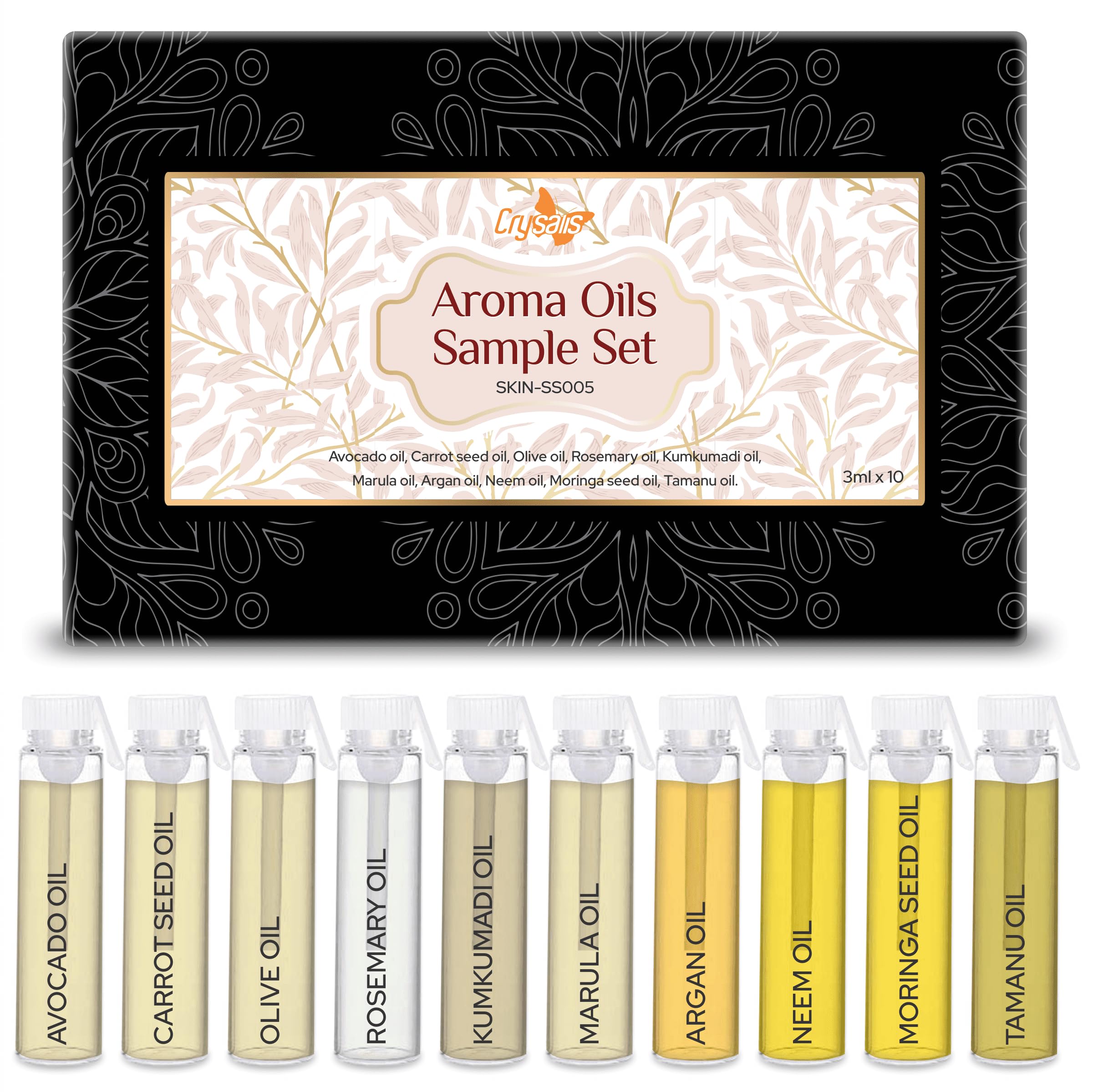 Organic Crysalis Skin Care Oil Set - 10 x 3ml (Avocado, Carrot Seed, Olive, Rosemary, Kumkumadi, Marula, Argan, Neem, Moringa, Tamanu) | Natural Face & Hair Treatment | Perfect for DIY Beauty, Massage & Aromatherapy