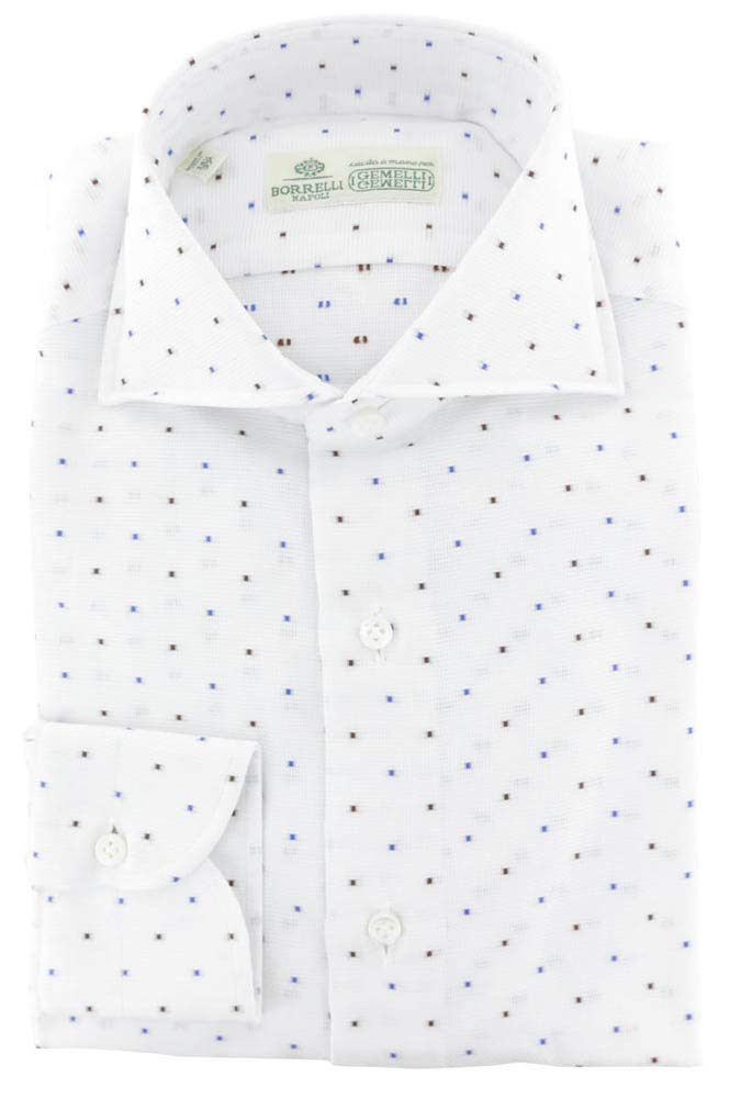 Luigi Borrelli Men's Blue Polka Dot Slim Fit Dress Shirt | Spread Collar Button Down Cotton Shirt | Size 15.5 Small | Perfect for Business Casual & Formal Occasions