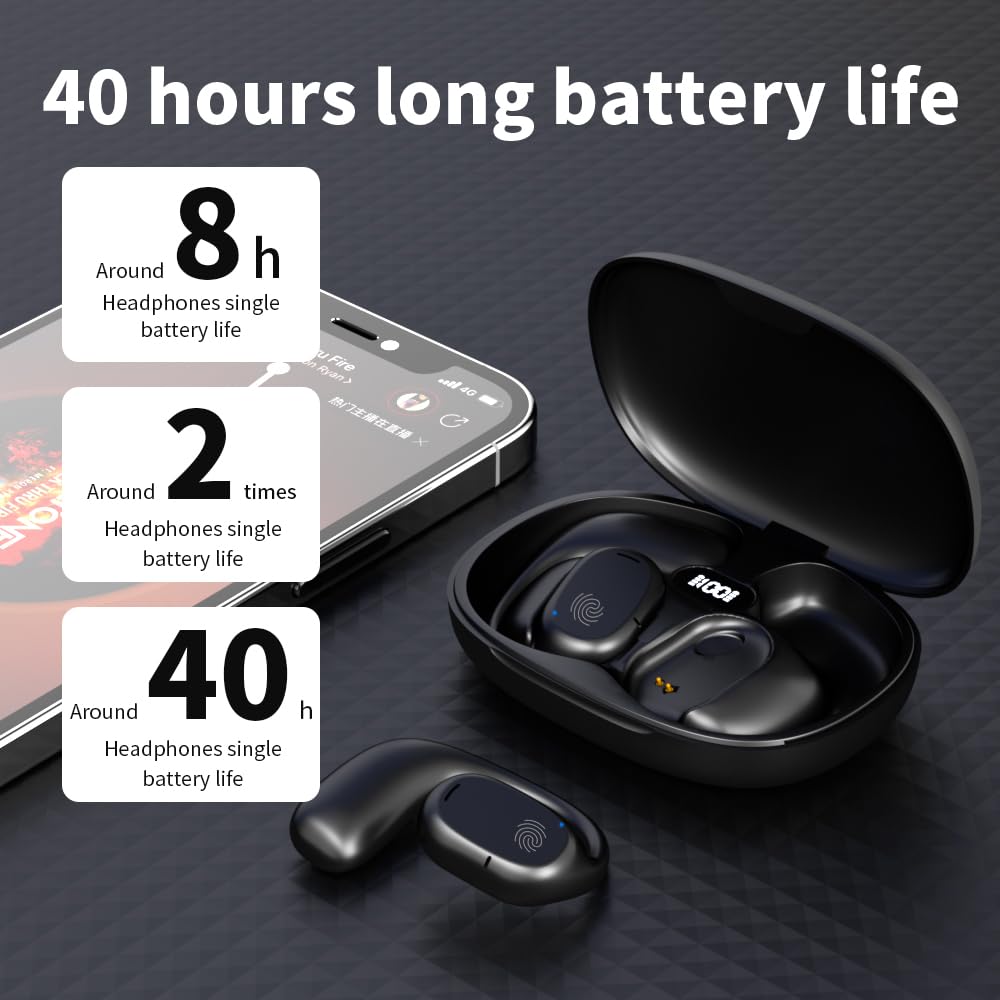 JIECAN Open Ear Bluetooth Headphones V5.3 - Wireless Sports Earbuds with Ear Hooks & Digital Display Charging Case, IPX5 Waterproof Bone Conduction Headset with Mic - Perfect for Running, Cycling, Gym Workouts & Outdoor Activities