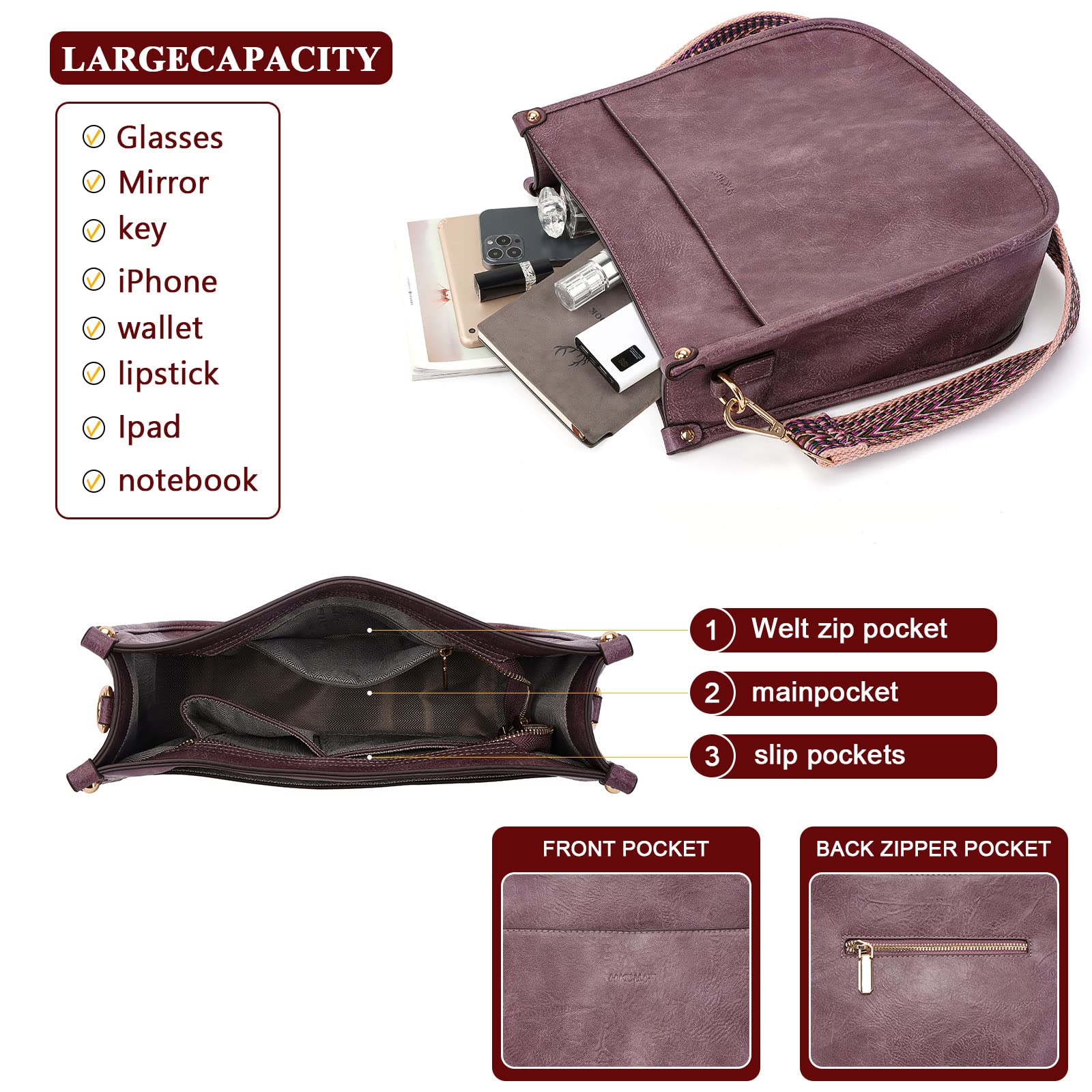 HKCLUF Women's Leather Crossbody Bag & Wallet Set - 2PCS Adjustable Shoulder Bag with Guitar Strap | Fashion Hobo Purse for Daily Use, Travel & Shopping