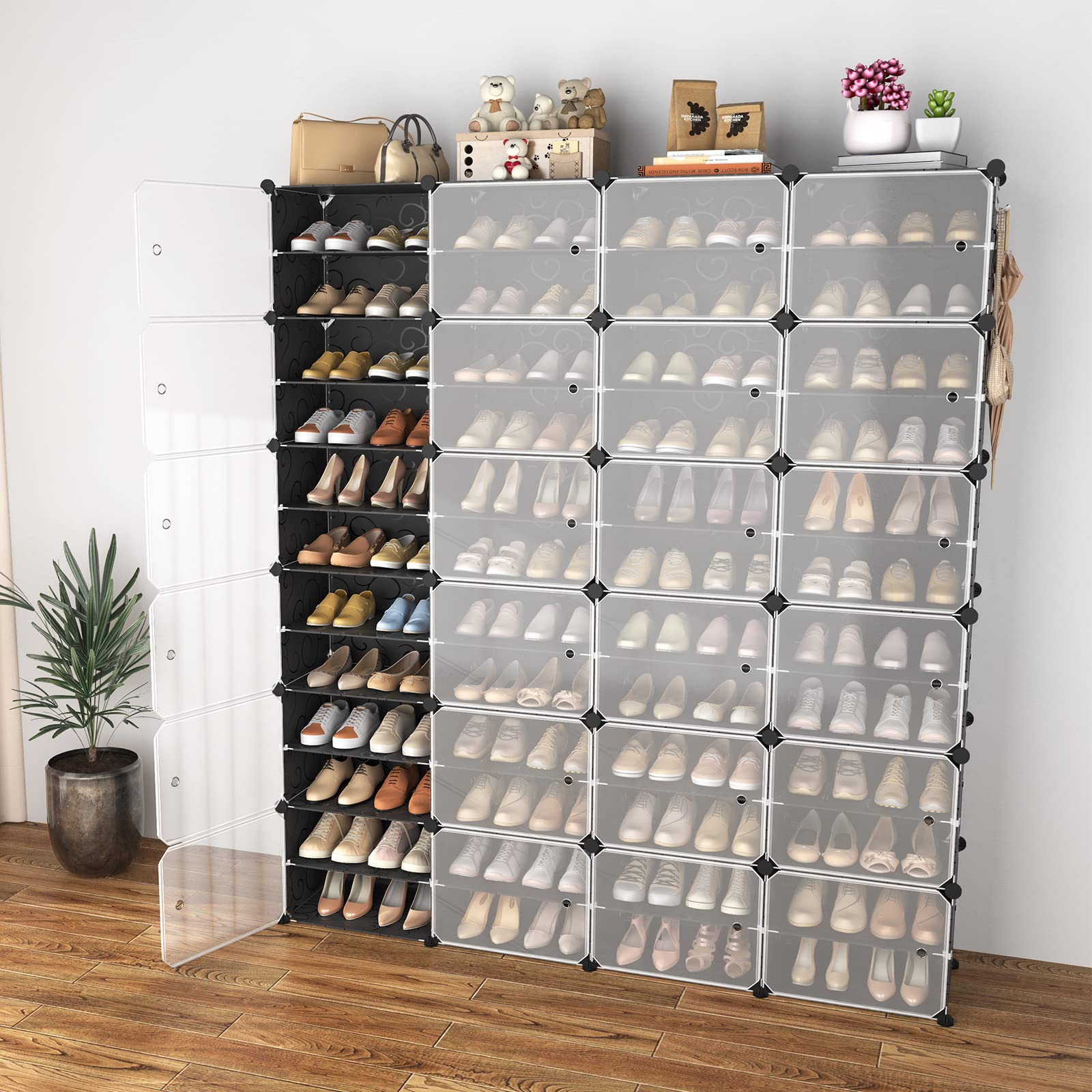 Portable Shoe Rack Organizer with Door - 96 Pairs Adjustable Stackable Shoe Storage Cabinet - Easy Assembly Plastic Free Standing Shelf for Closet, Entryway, Bedroom - DIY Expandable 12 Tier Black Shoe Organizer