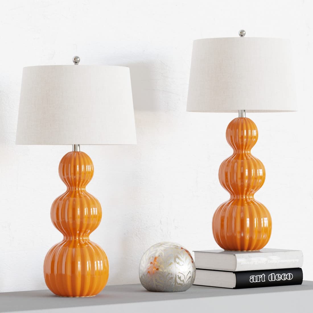 Maxax Set of 2 Orange Ceramic Table Lamps - 3-Way Dimmable Gourd Nightstand Lights with White Shade (28 Inch) for Bedroom, Living Room & Office | Perfect for Reading, Ambient Lighting & Home Decor