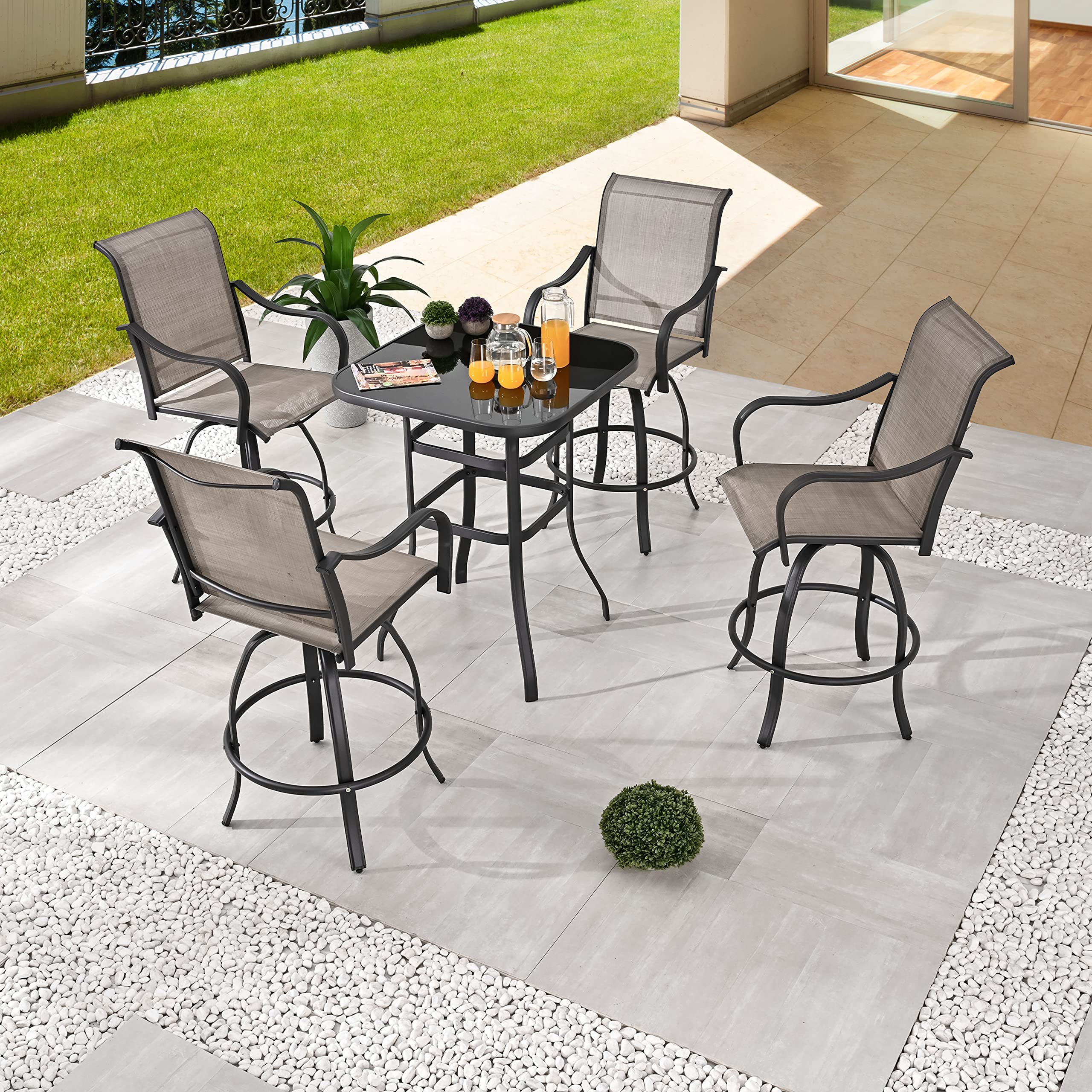 360° Swivel Patio Bistro Set with Tempered Glass Table - 5 Piece Outdoor Dining Furniture (4 Bar Height Chairs + 1 Table) for Garden, Balcony & Backyard - Weather Resistant Grey Set