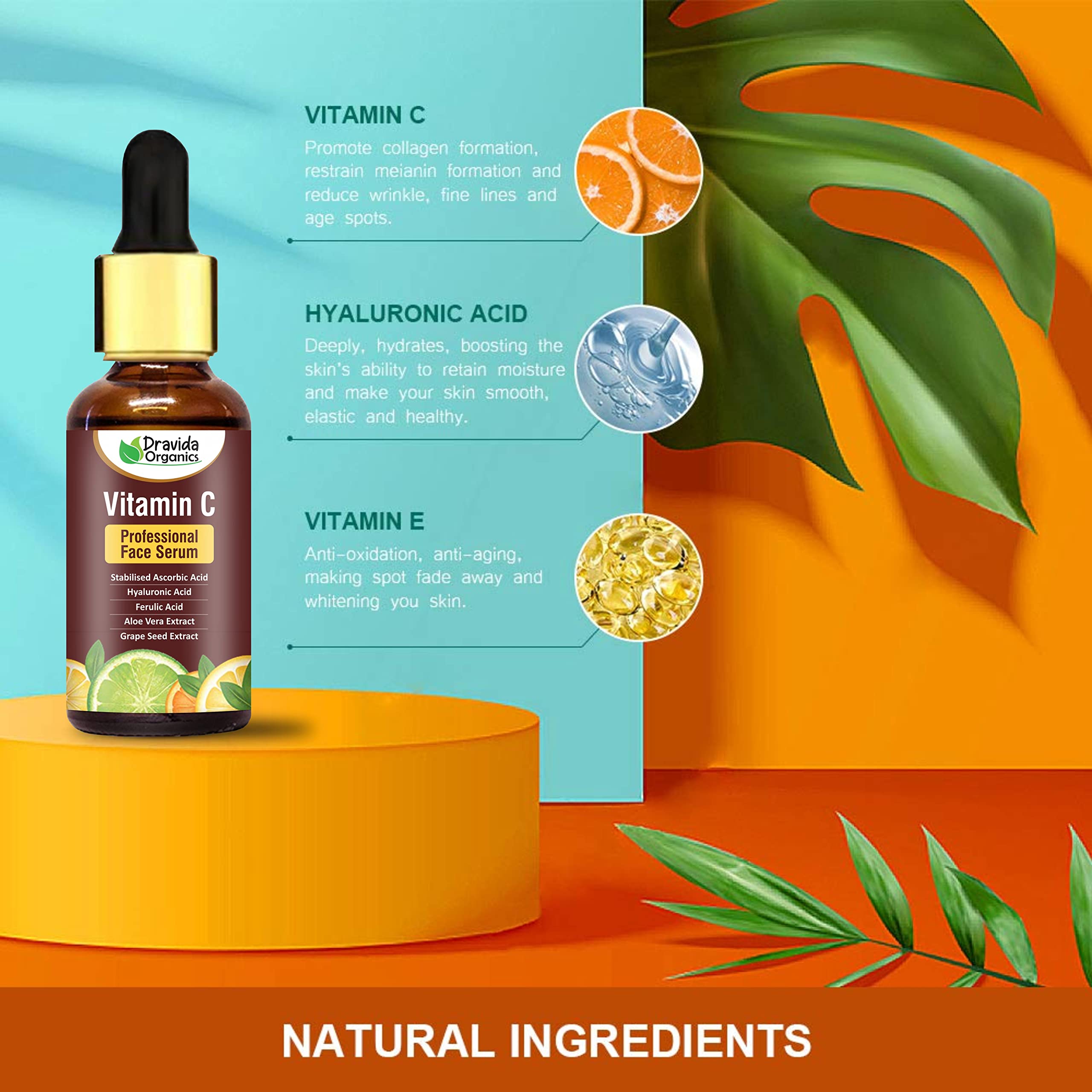 Dravida Organics Vitamin C Serum for Glowing Skin – 30ml | Highly Stable & Effective Skin Brightening Serum for Women & Men | Anti-Aging & Hydrating Face Serum for Day & Night Use