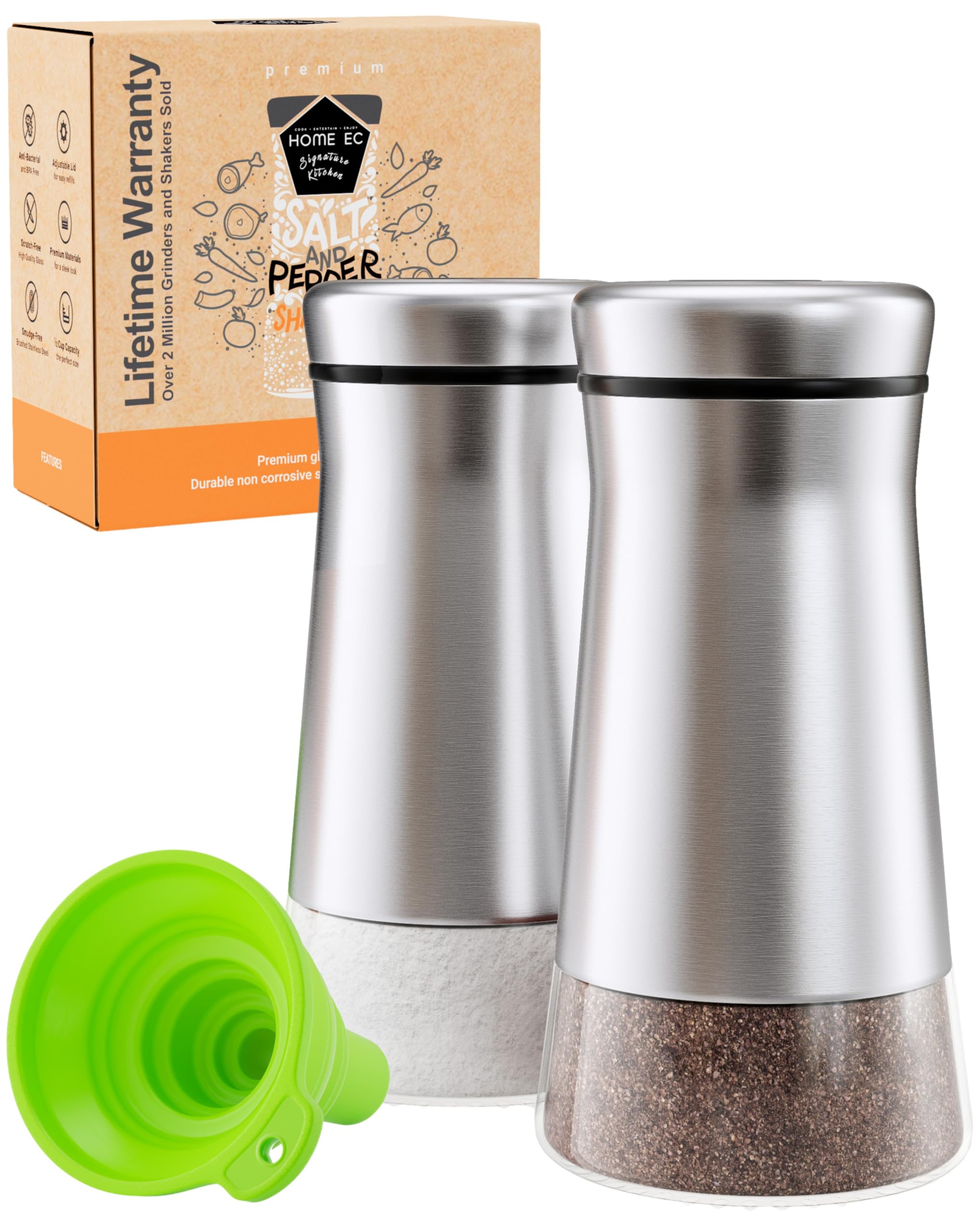 Premium Glass & Stainless Steel Salt and Pepper Shakers Set with Adjustable Pour Holes - Farmhouse Style Spice Dispenser for Salt, Ground Peppercorn & Seasonings - Perfect for Kitchen, Dining Table & Outdoor BBQ