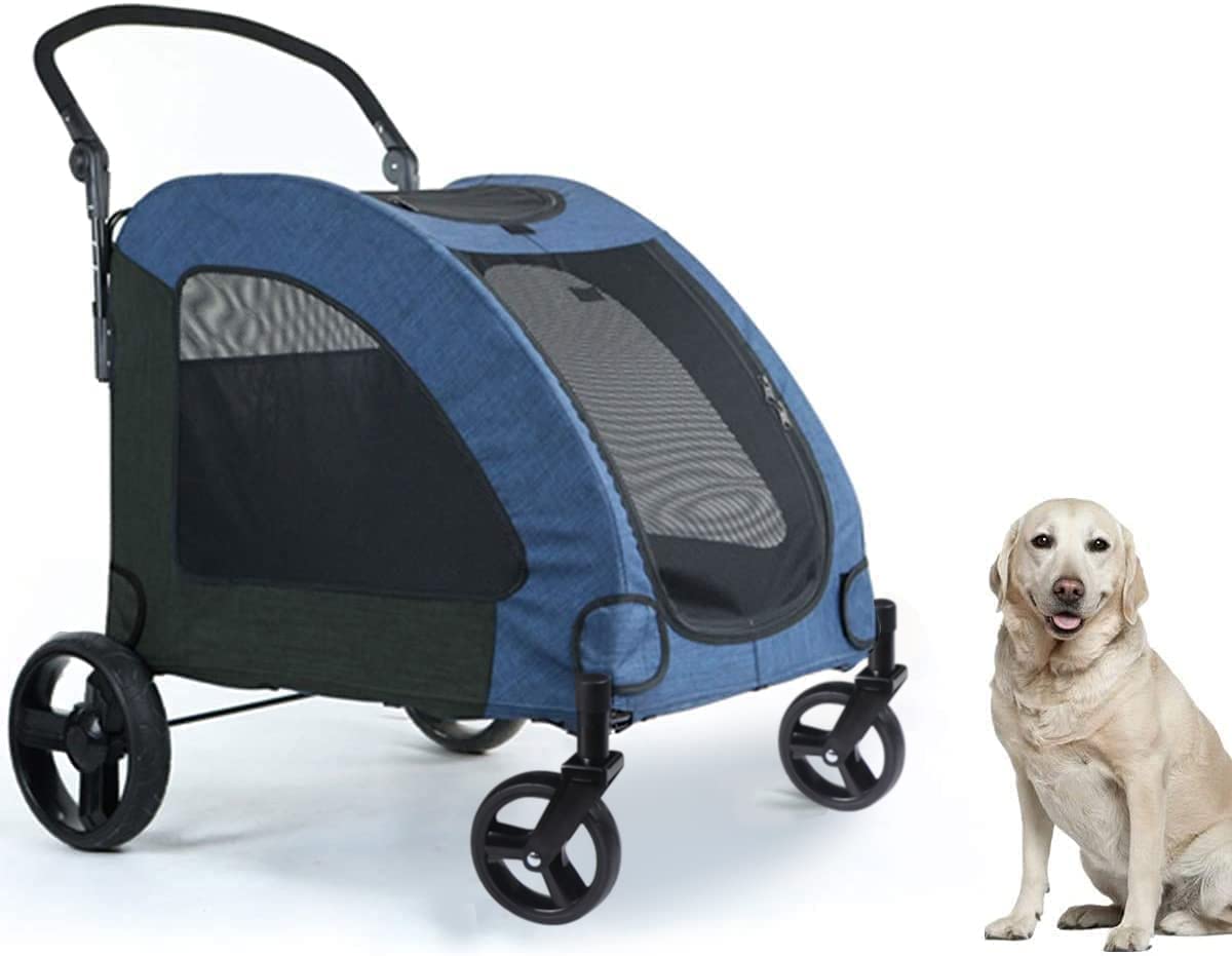 Totoro Ball 4 Wheel Foldable Dog Stroller for Large Dogs or 2 Small Dogs - Jogger Wagon Pet Carrier Travel Carriage with Easy Walk-in/Out Design Holds Up to 100 lbs - Blue (Small) - Perfect for Park Outings, Shopping Trips & Vet Visits