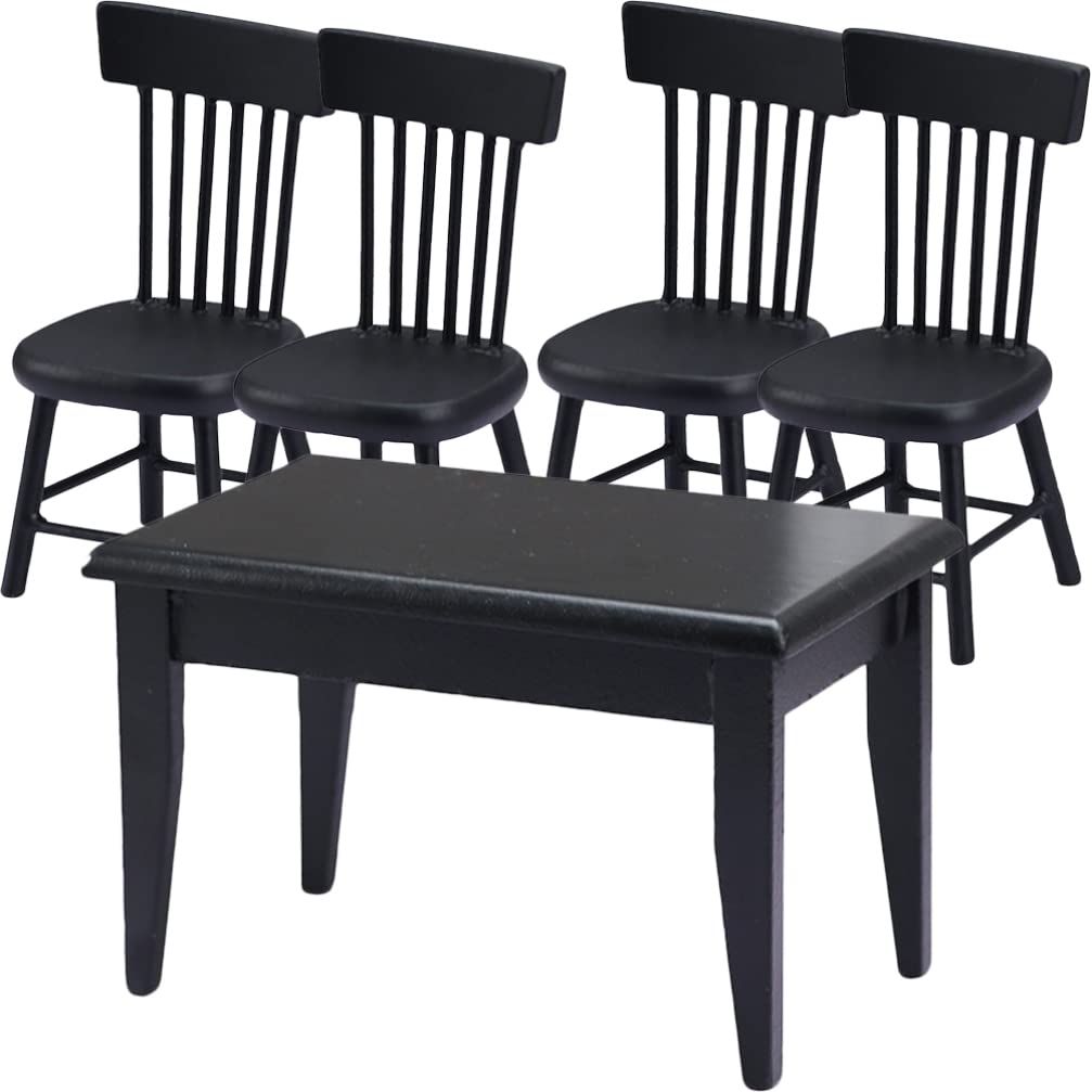 5-Piece Miniature Black Wooden Dining Table and Chairs Set - Dollhouse Furniture Accessories for 4 People | Perfect for Dollhouse Decor, Miniature Displays, and Collectible Scenes