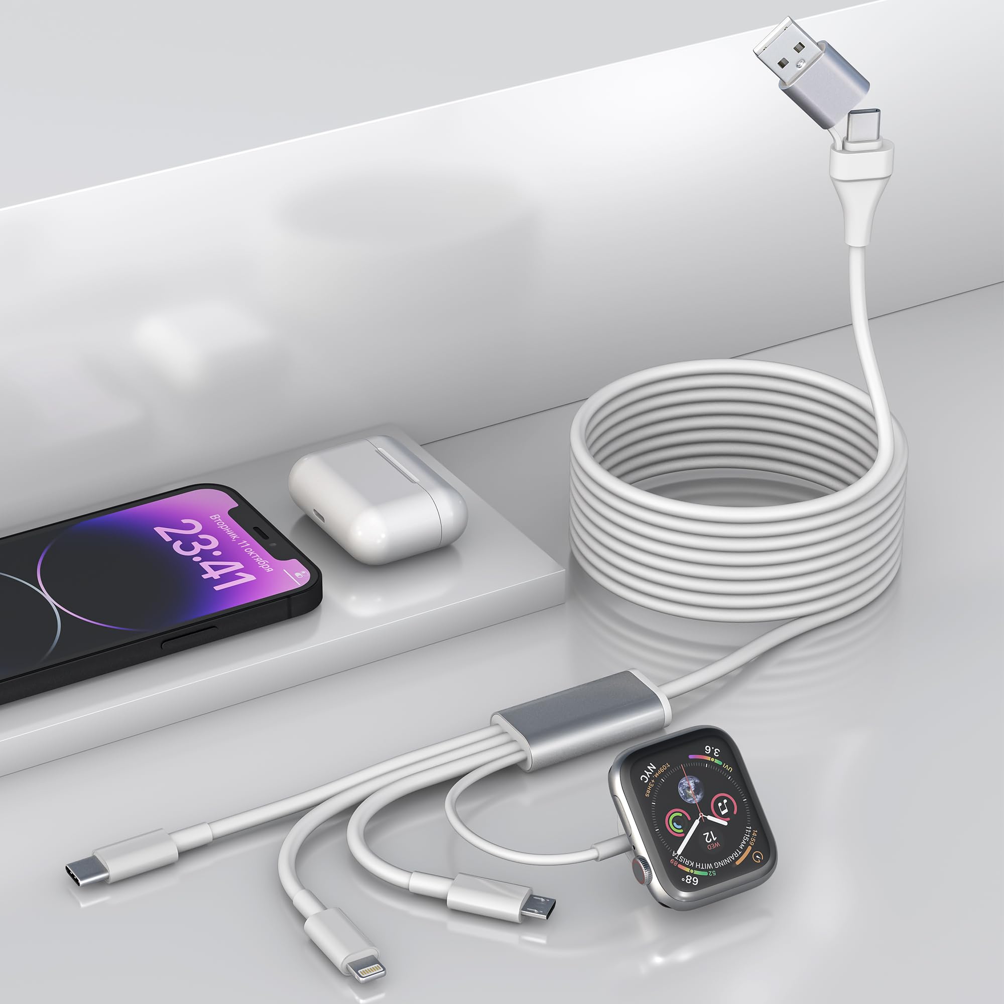 Fast Charging 4-in-1 Travel Charger Cable - Compatible with Apple Watch, iPhone, Galaxy, Pixel & Android Devices | 6ft Multi-Device Charging Cord for Smartwatch, Phone & Earbuds | Perfect for Travel, Office & Home Use