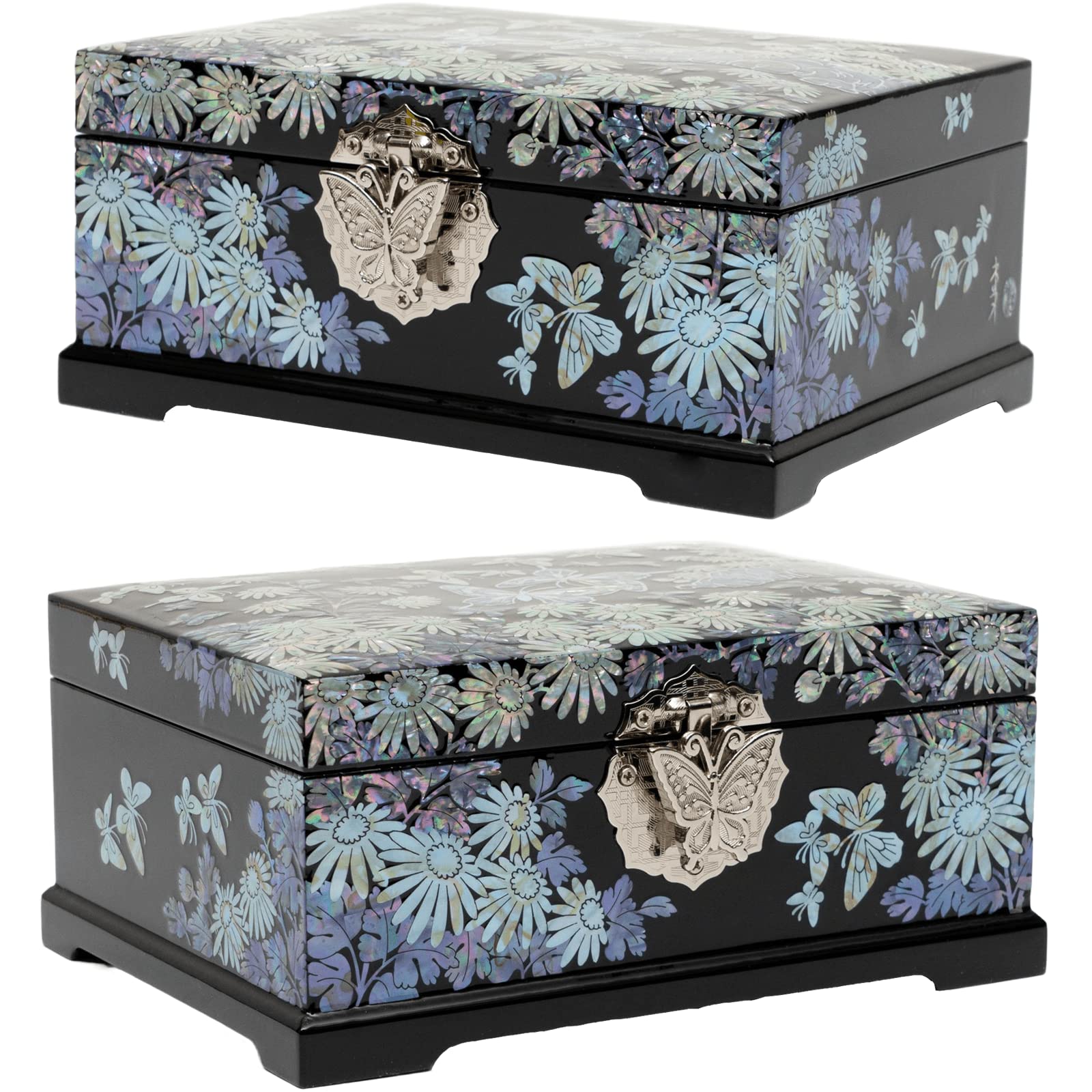 February Mountain Mother of Pearl Jewelry Box - 2 Layer Jewelry Organizer for Earrings, Rings, Necklaces, Bracelets & Watches | Perfect Gift for Women, Birthday, Anniversary, Valentine's Day (Siberian Chrysanthemum with Butterflies Design) | Elegant Storage for Dresser, Vanity or Travel