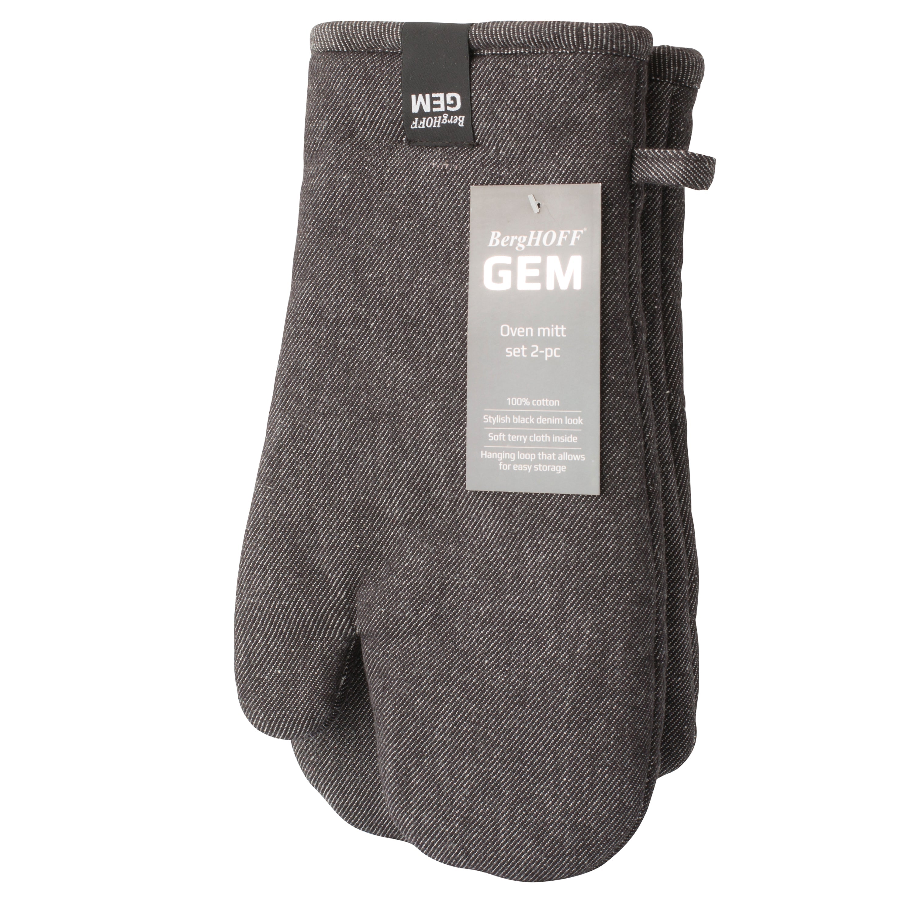 BergHOFF GEM 100% Cotton 2-Piece Oven Mitt Set, Heat Resistant Kitchen Gloves with Non-Slip Grip - Black Denim Look for Baking, Grilling & Cooking Protection