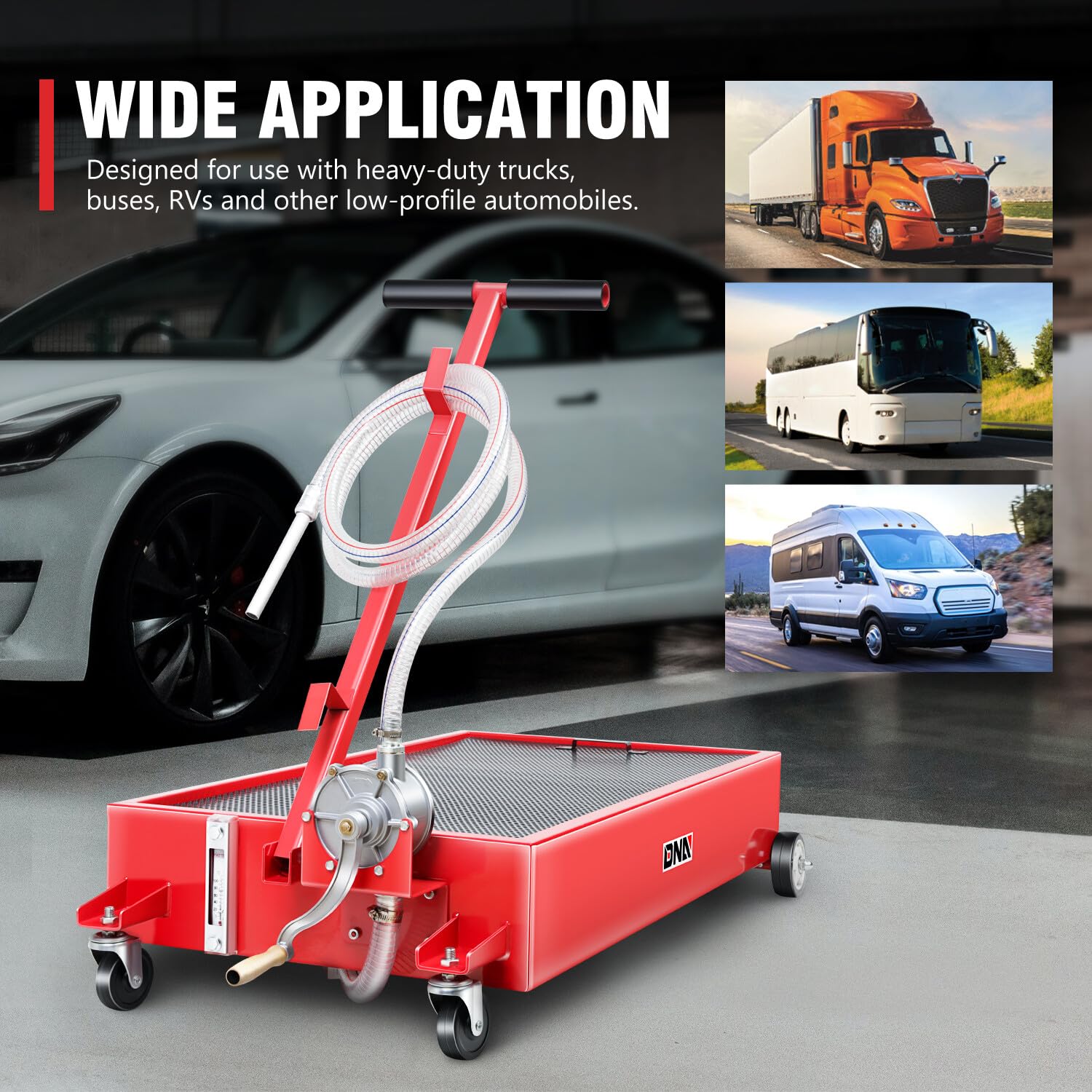 DNA MOTORING 20 Gallon Oil Drain Pan with Pump - Heavy Duty Oil Change Kit with Evacuation Hose & T-Handle - Low Profile Design for Trucks, Buses, RVs - Ideal for Professional Mechanics & DIY Auto Maintenance (TOOLS-00386)