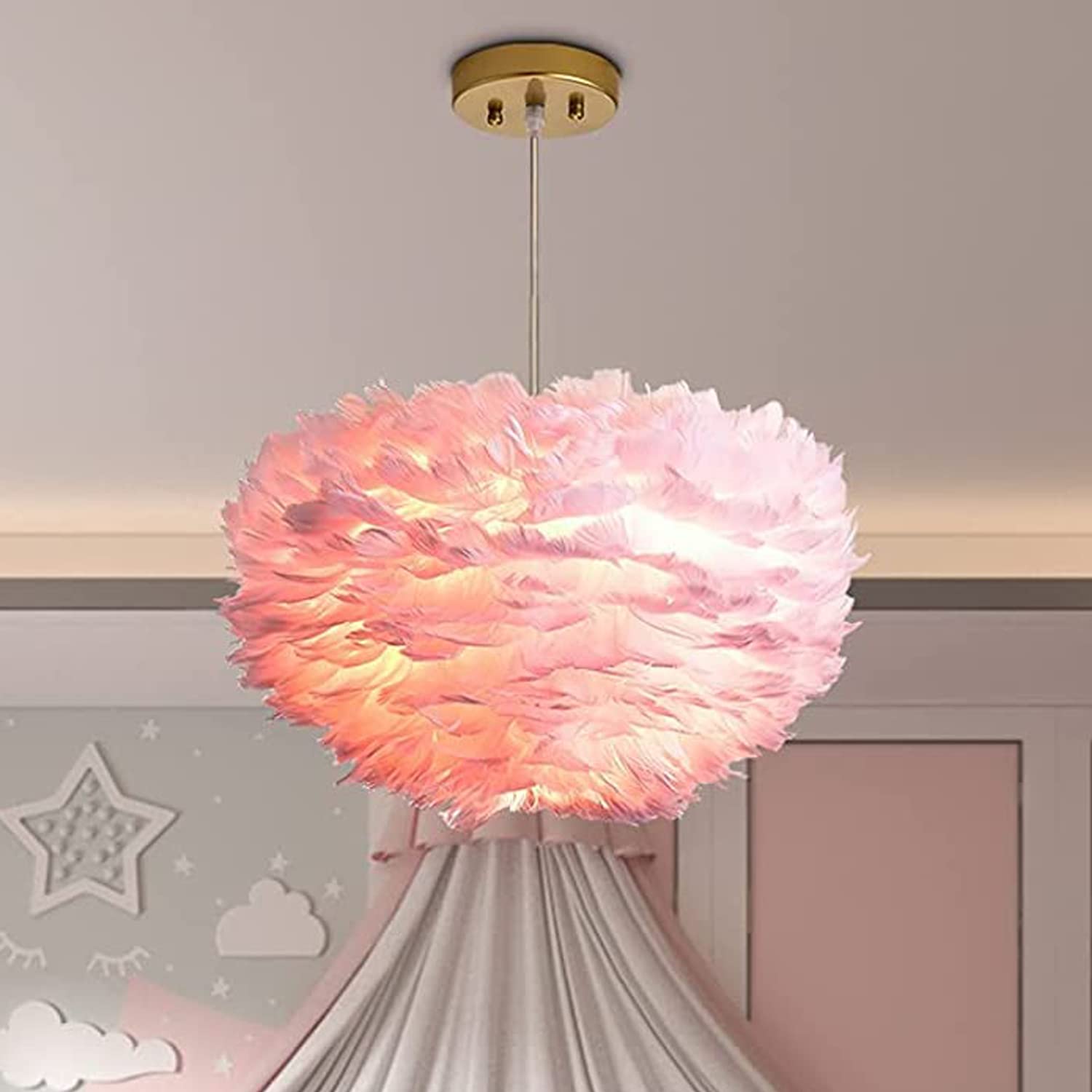Nordic Feather Chandelier - 3-Light Modern Romantic Ceiling Hanging Lamp with Pink Art Feather Shade, 17.7 Inch for Girls Bedroom, Living Room, Dining Room | Perfect for Boho Chic Decor, Wedding Venues & Cozy Home Lighting