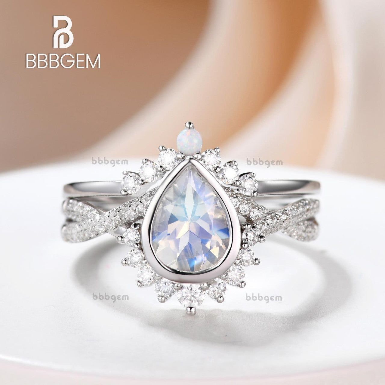 Vintage Moonstone Engagement Ring Set - Pear Shaped Stone with Twisted Band for Wedding, Proposal & Anniversary Gifts | Handmade Silver Jewelry for Brides & Couples